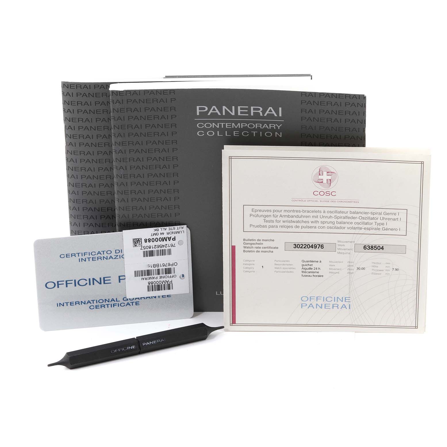 The image shows the documents, international warranty card, and tool accessories for the Panerai Luminor PAM00088 Men's Stainless Steel Black Dial PAM00088 Men's Stainless Steel Black Dial watch.