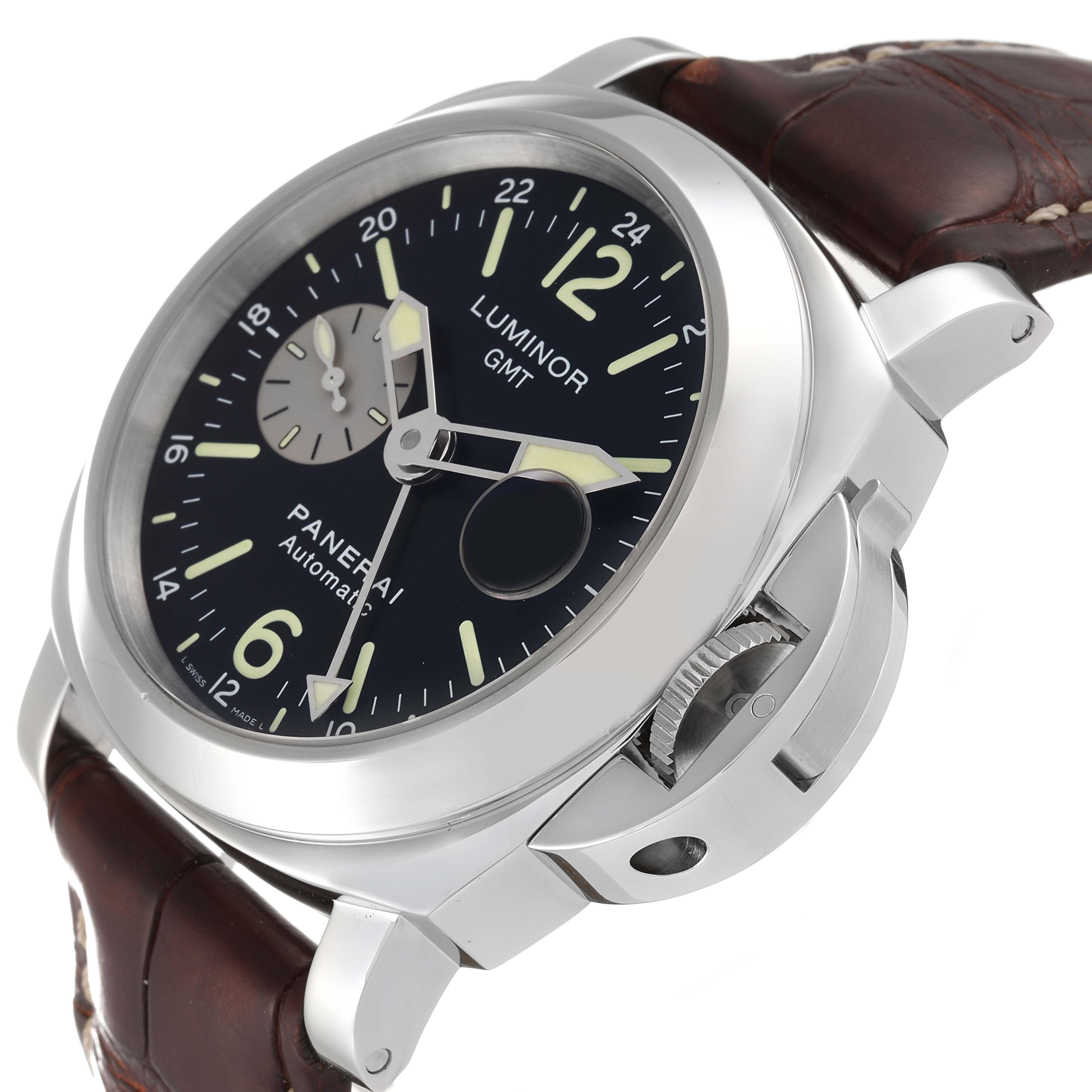 This Panerai Luminor PAM00088 Men's Stainless Steel Black Dial PAM00088 Men's Stainless Steel Black Dial model watch is shown from a slightly right-angled perspective, highlighting the dial, case, crown guard, and leather strap.