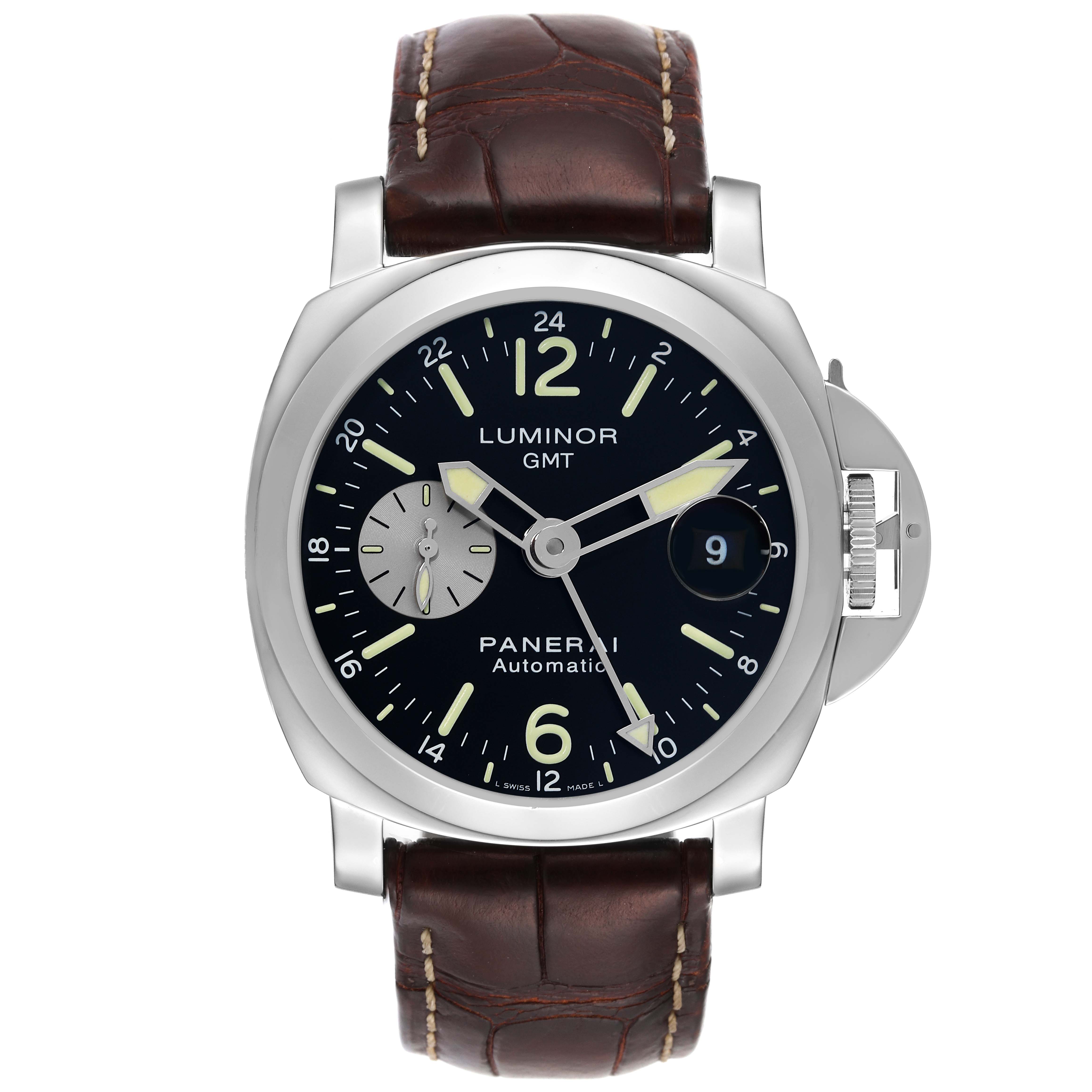 The image shows a front view of a Panerai Luminor PAM00088 Men's Stainless Steel Black Dial PAM00088 Men's Stainless Steel Black Dial GMT watch with a brown leather strap and a black dial.