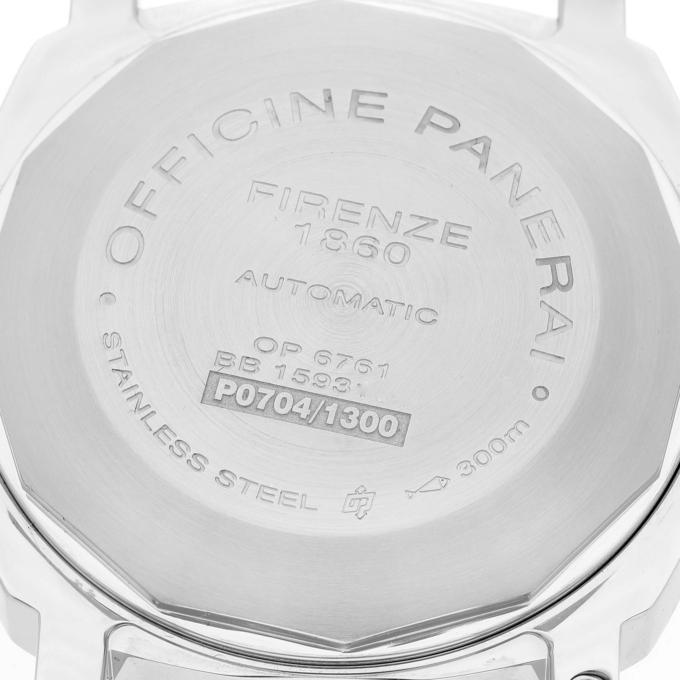The image shows the back case of the Panerai Luminor PAM00088 Men's Stainless Steel Black Dial PAM00088 Men's Stainless Steel Black Dial watch, featuring engravings indicating model details and water resistance.