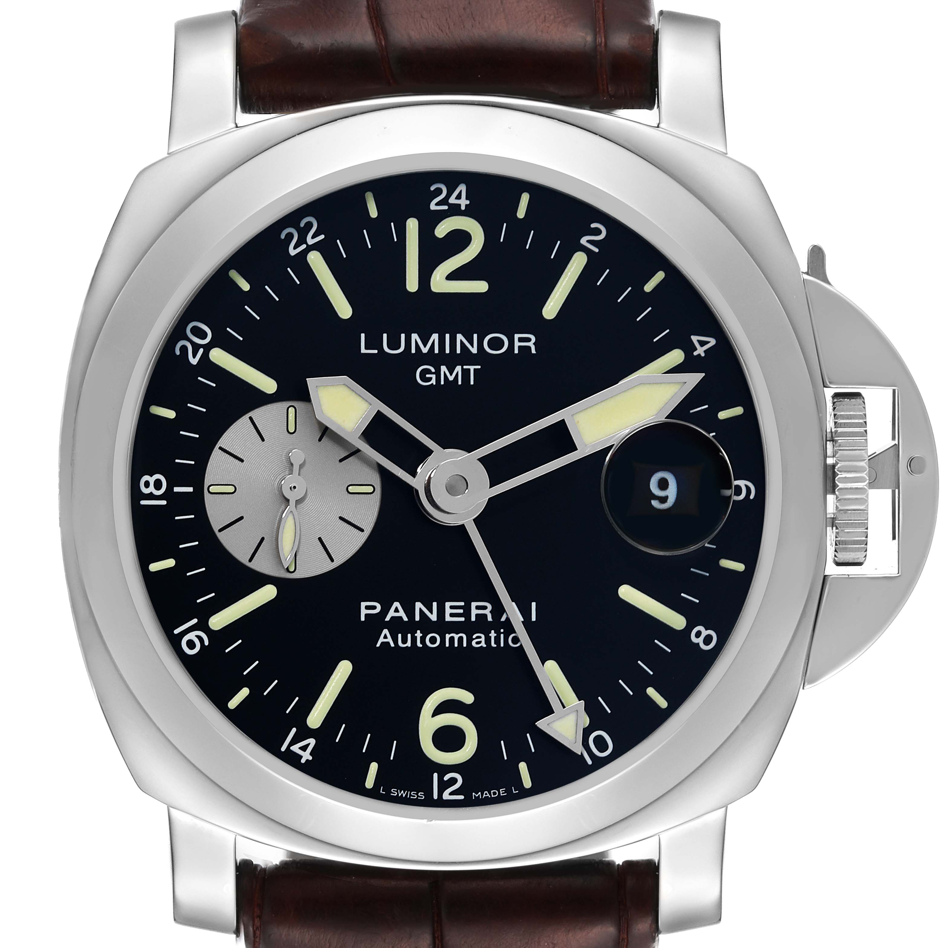 This Panerai Luminor PAM00088 Men's Stainless Steel Black Dial PAM00088 Men's Stainless Steel Black Dial watch is shown from a front angle, displaying the dial, bezel, crown guard, and the upper portion of the leather strap.