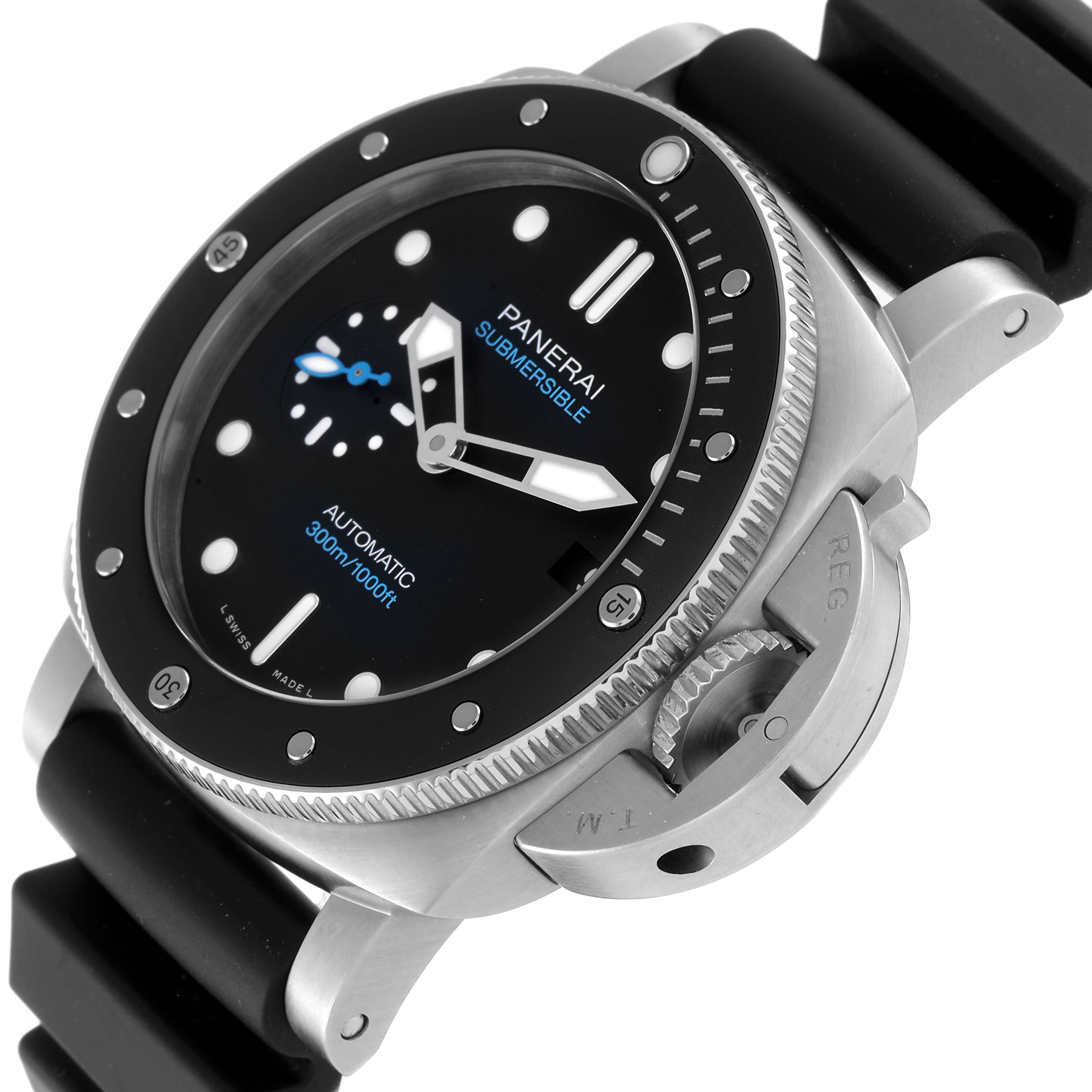The image shows a Panerai Submersible PAM00683 Men's Stainless Steel Black Dial PAM00683 Men's Stainless Steel Black Dial watch at an angled view, highlighting its bezel, dial, crown guard, and rubber strap.