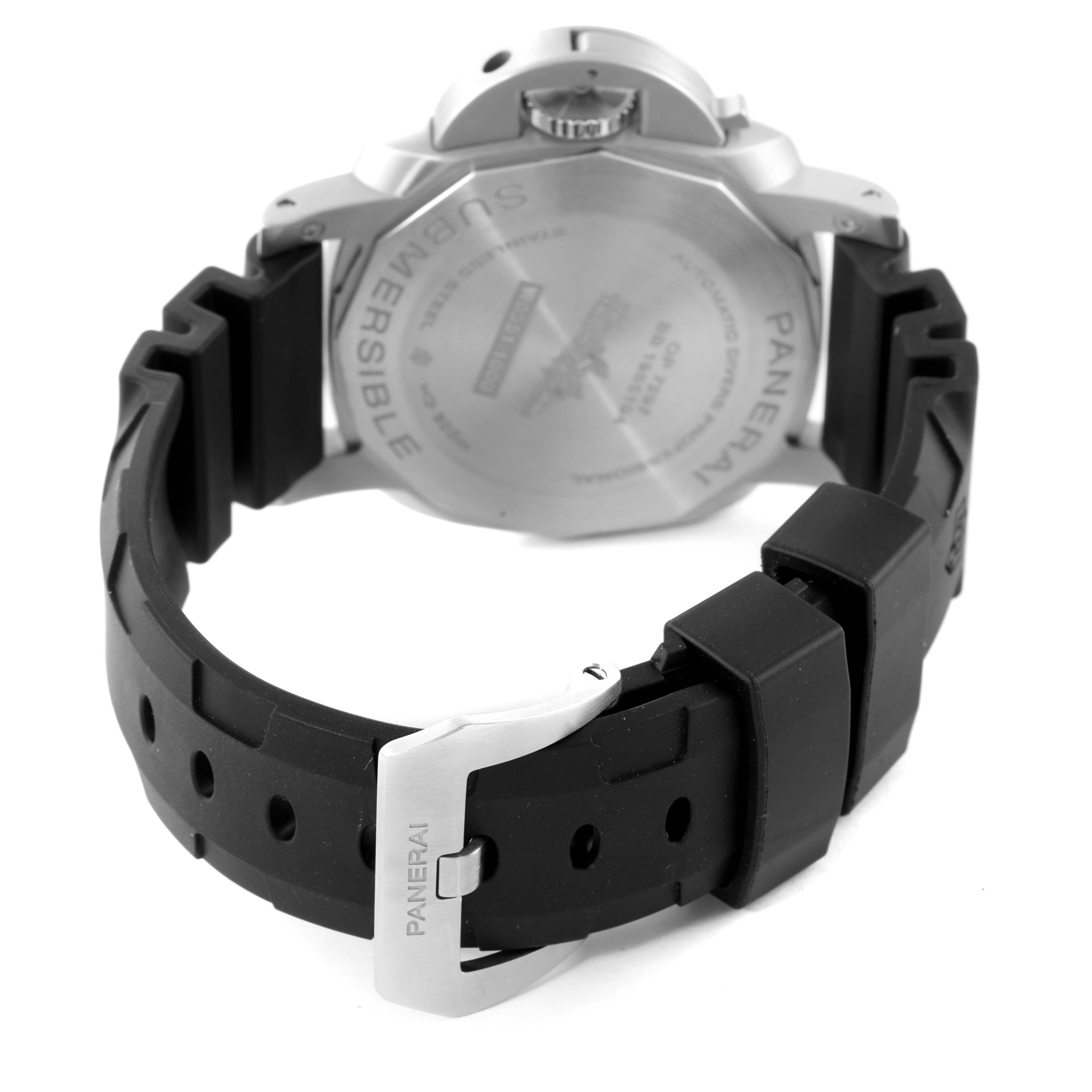 The image shows the back view of the Panerai Submersible PAM00683 Men's Stainless Steel Black Dial PAM00683 Men's Stainless Steel Black Dial watch, including the case back and black rubber strap with a Panerai-branded buckle.