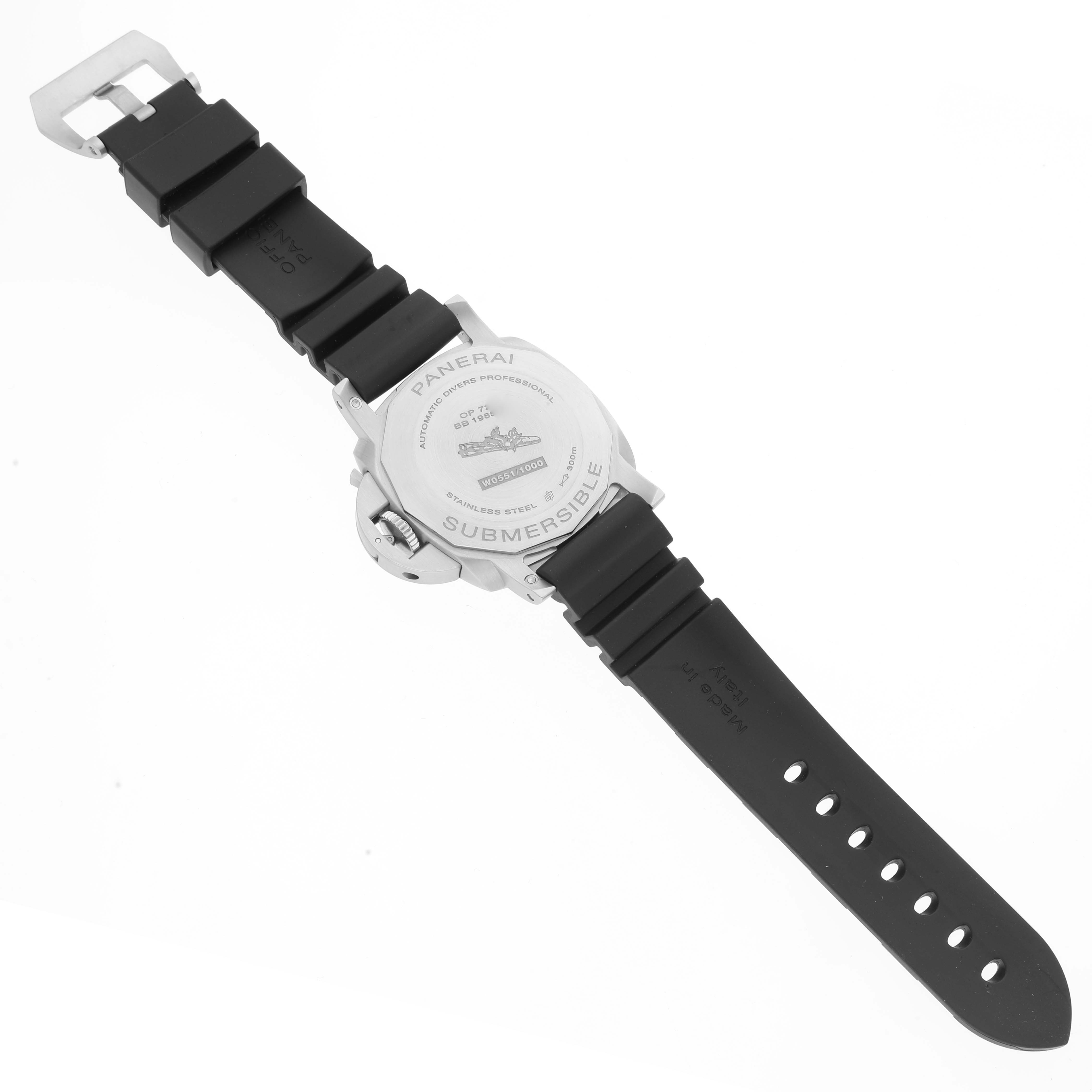 This image shows the back case and strap of the Panerai Submersible PAM00683 Men's Stainless Steel Black Dial PAM00683 Men's Stainless Steel Black Dial watch at a slight diagonal angle.