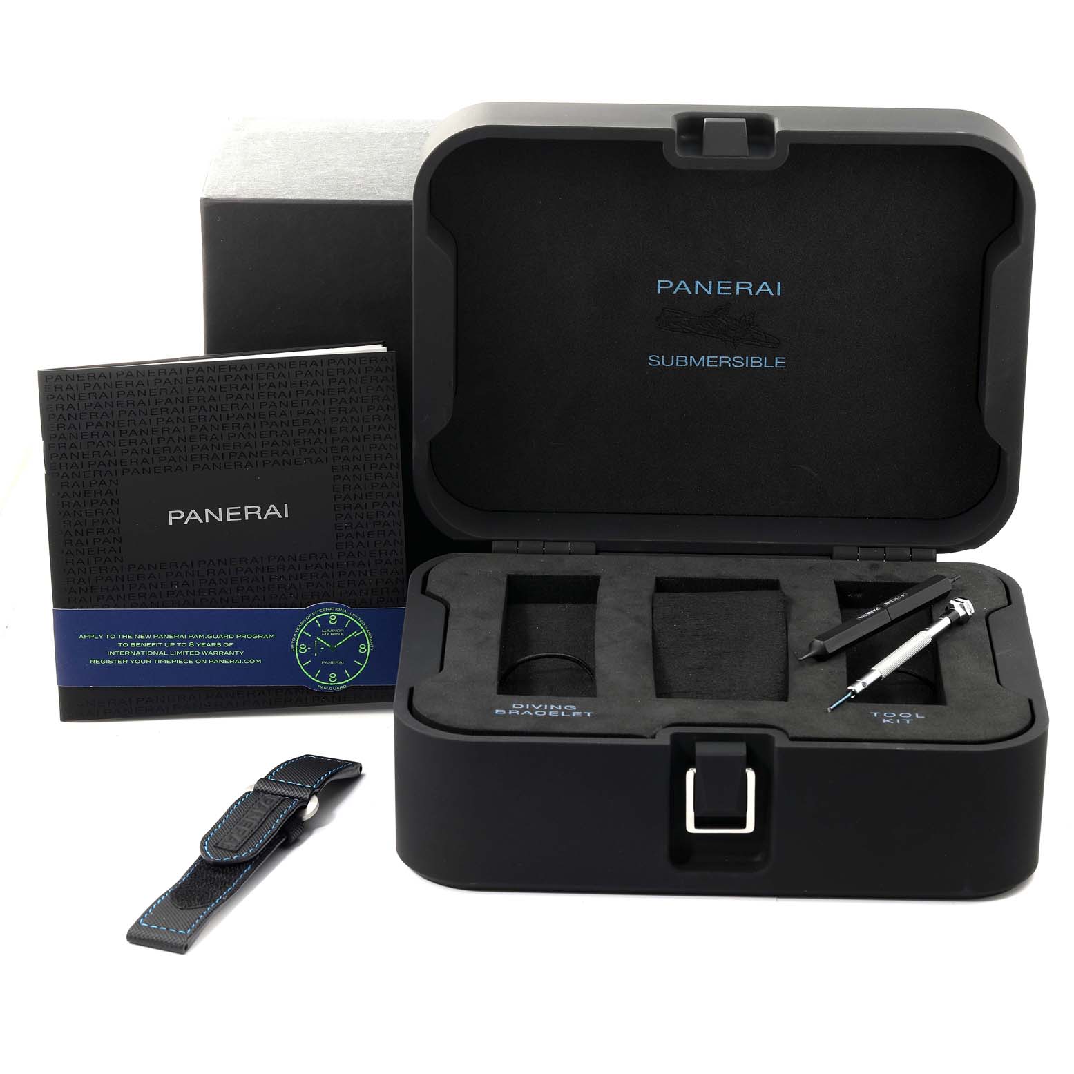 This image shows an open Panerai Submersible PAM00683 Men's Stainless Steel Black Dial PAM00683 Men's Stainless Steel Black Dial watch case with a watch strap, booklet, and tools.
