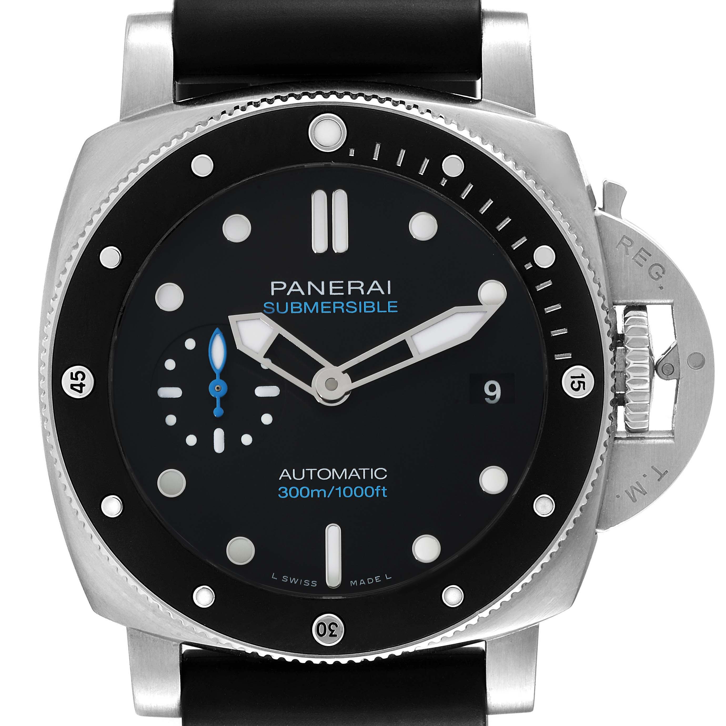 The image shows a front view of the Panerai Submersible PAM00683 Men's Stainless Steel Black Dial PAM00683 Men's Stainless Steel Black Dial watch, highlighting its black dial, luminous markers, and rotating bezel.