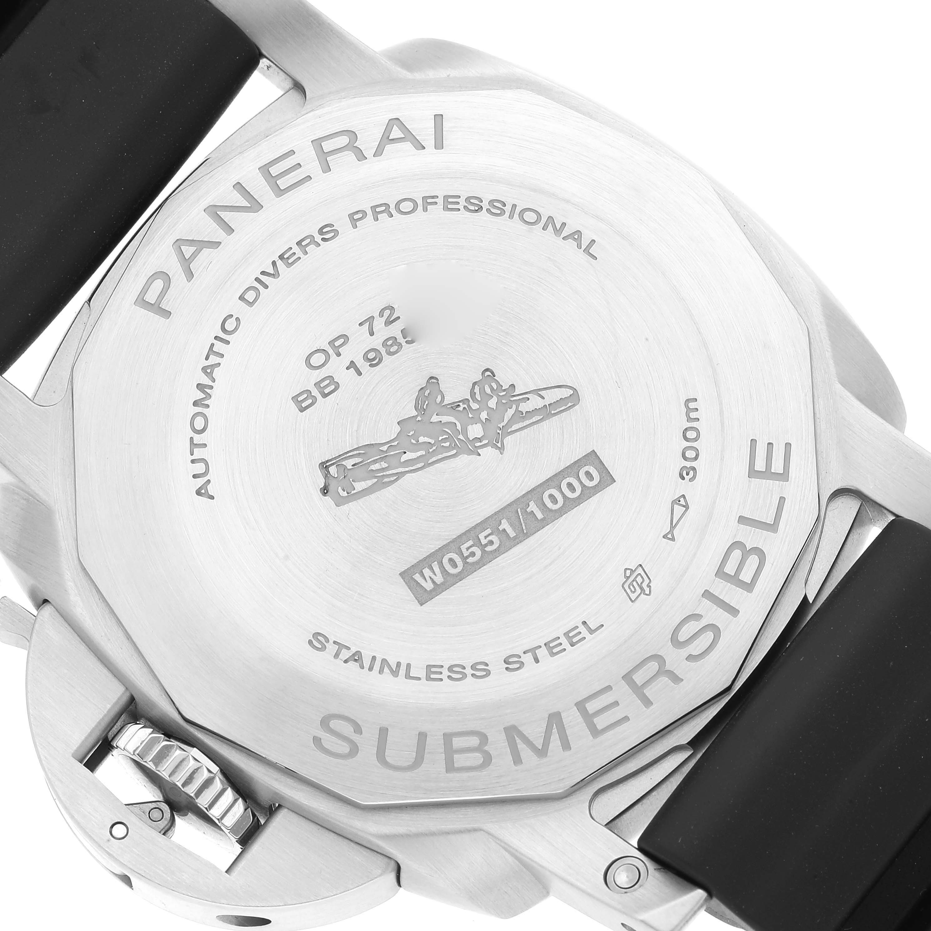 The image shows the back case of a Panerai Submersible PAM00683 Men's Stainless Steel Black Dial PAM00683 Men's Stainless Steel Black Dial watch, highlighting its inscriptions and the stainless steel material.