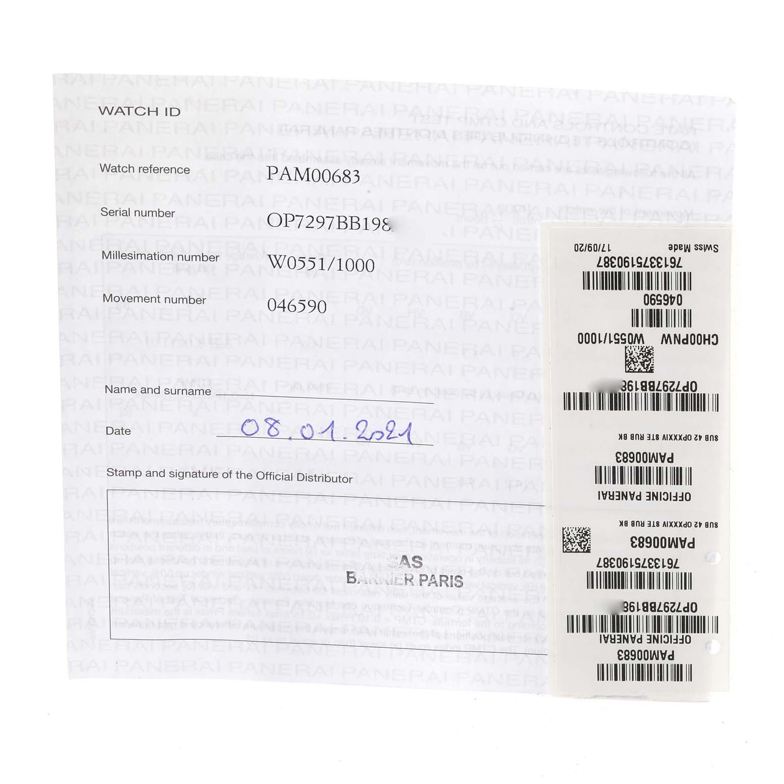 The image shows official documentation for the Panerai Submersible PAM00683 Men's Stainless Steel Black Dial PAM00683 Men's Stainless Steel Black Dial model PAM00683 with serial and movement numbers included.