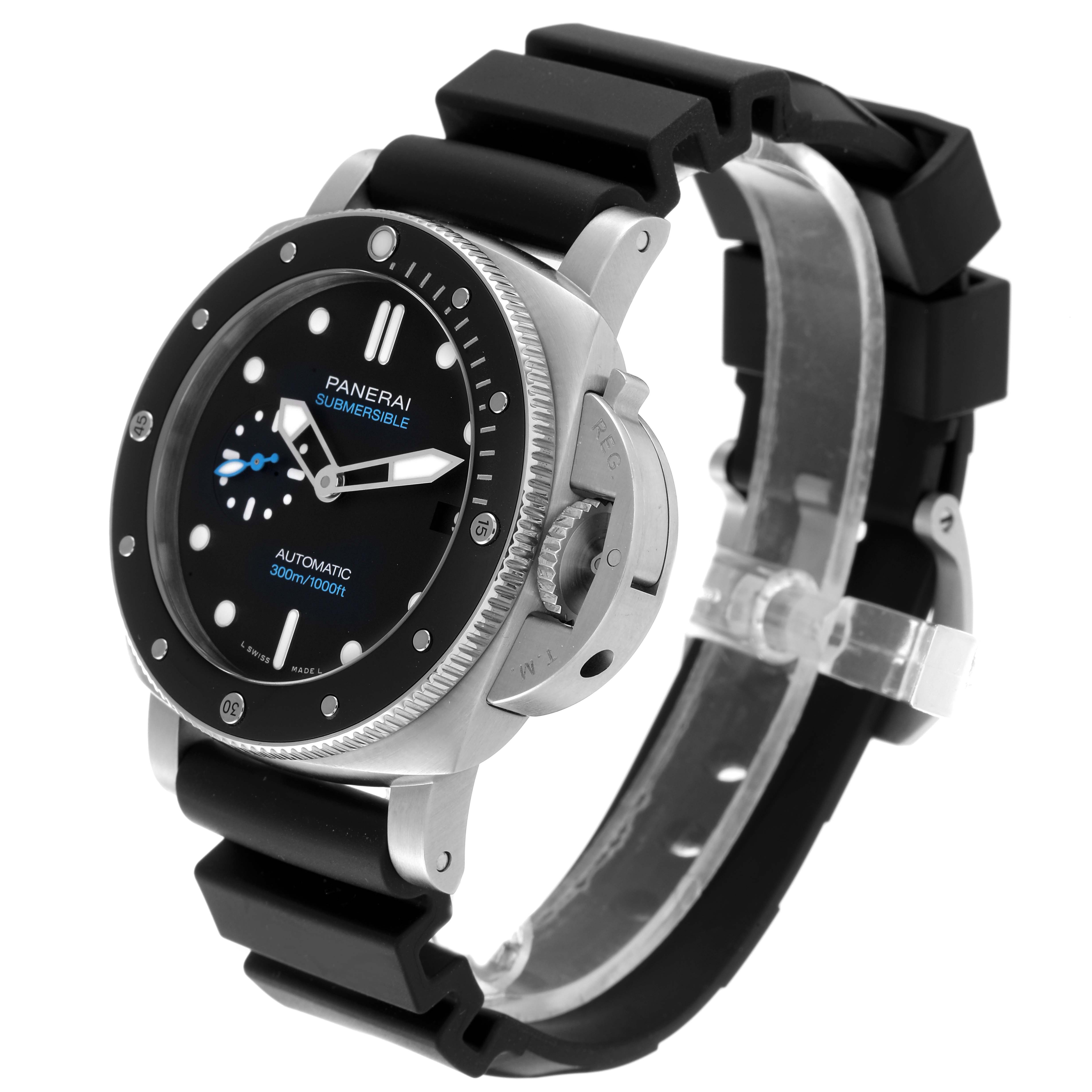 The image shows a side angle of the Panerai Submersible PAM00683 Men's Stainless Steel Black Dial PAM00683 Men's Stainless Steel Black Dial watch, highlighting the face, bezel, crown guard, and black rubber strap.