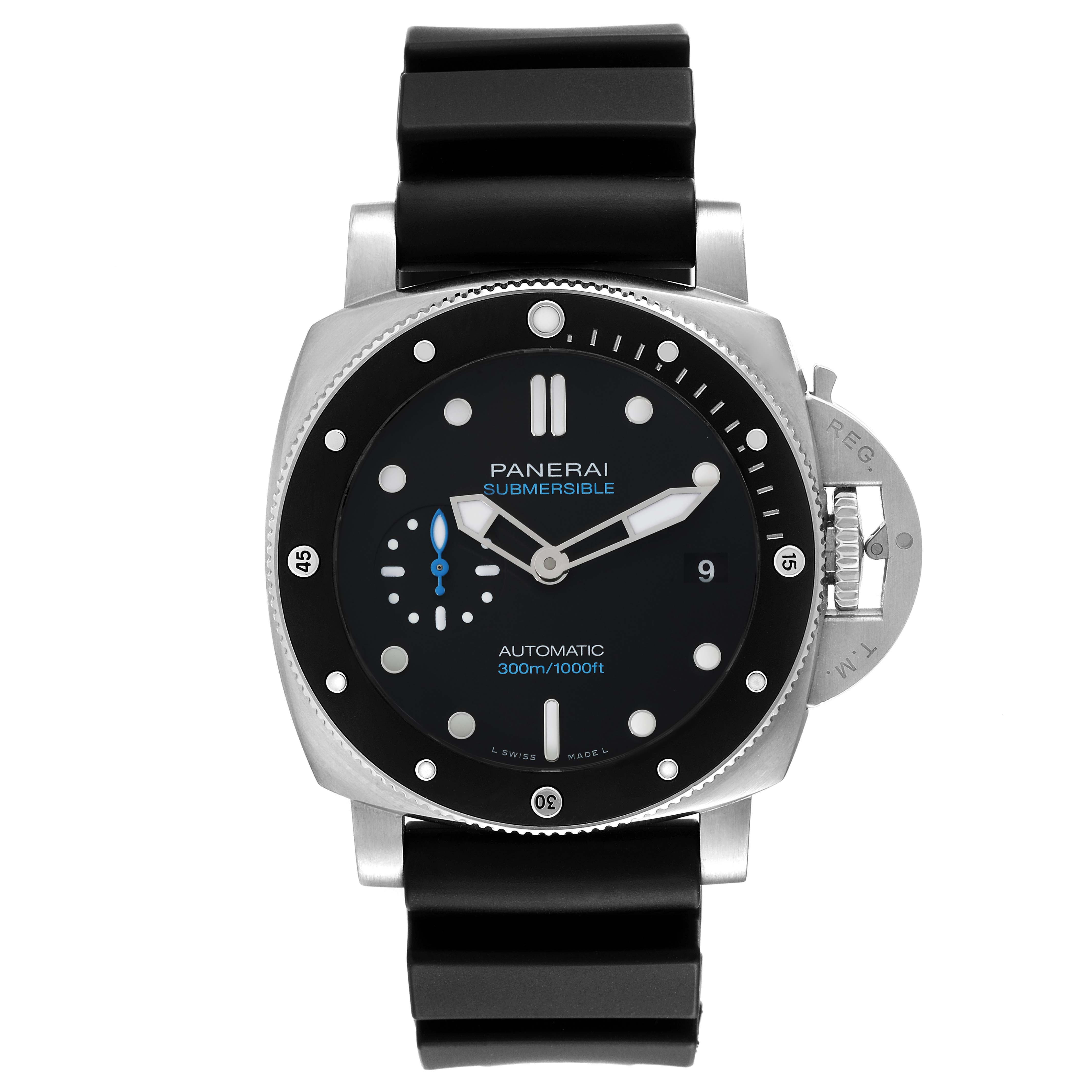 The image shows a front view of the Panerai Submersible PAM00683 Men's Stainless Steel Black Dial PAM00683 Men's Stainless Steel Black Dial watch, including the dial, bezel, and strap.