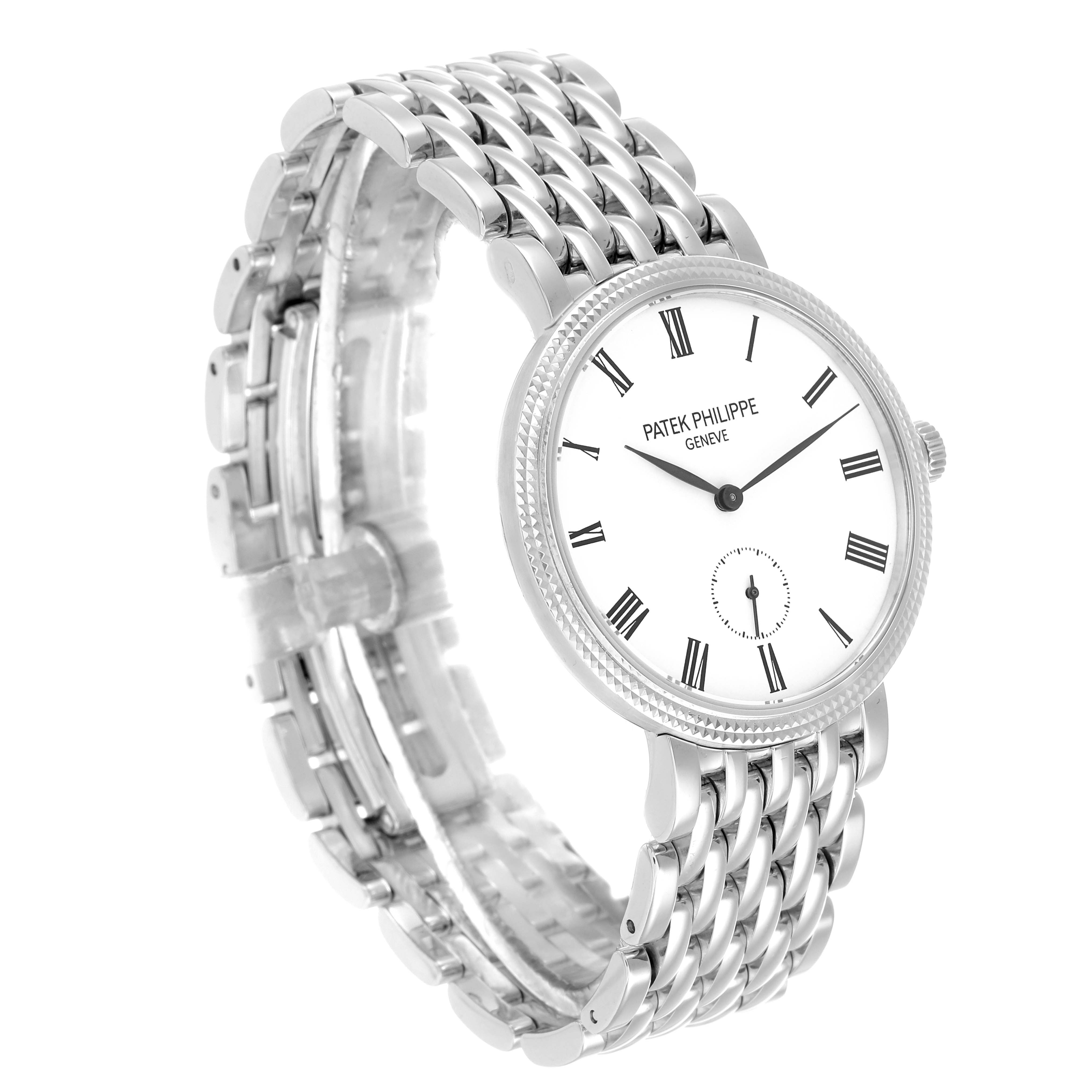 The image shows a Patek Philippe Calatrava 7119 Women's White Gold White Dial watch at an angle highlighting its face, bezel, crown, and bracelet.