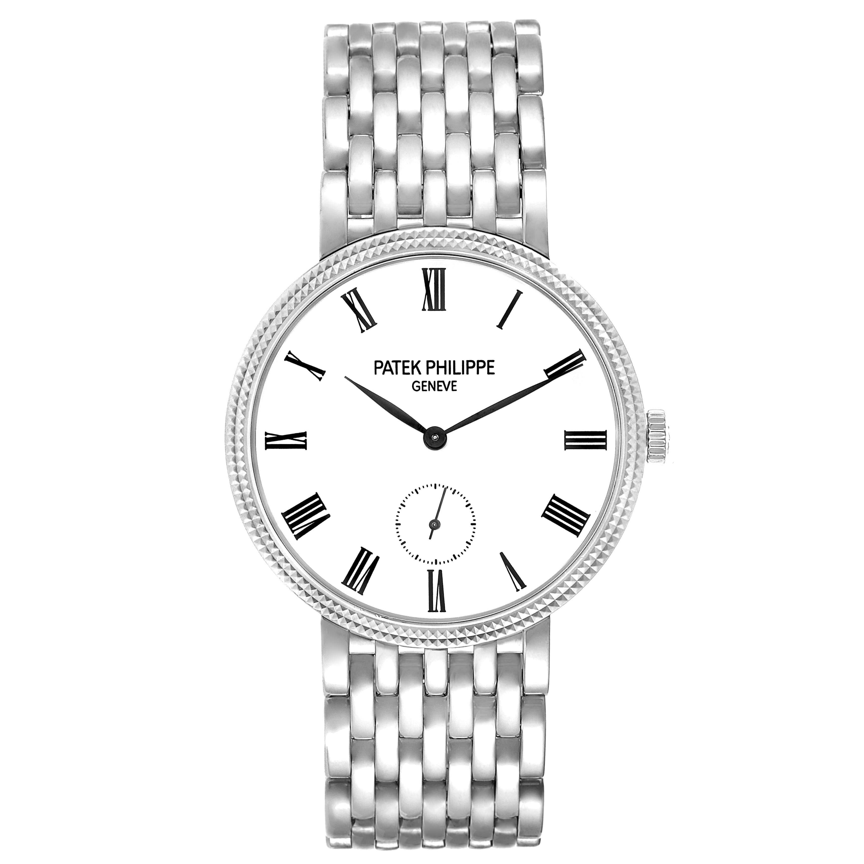 The Patek Philippe Calatrava 7119 Women's White Gold White Dial watch is shown from a front angle, displaying the entire face and bracelet.