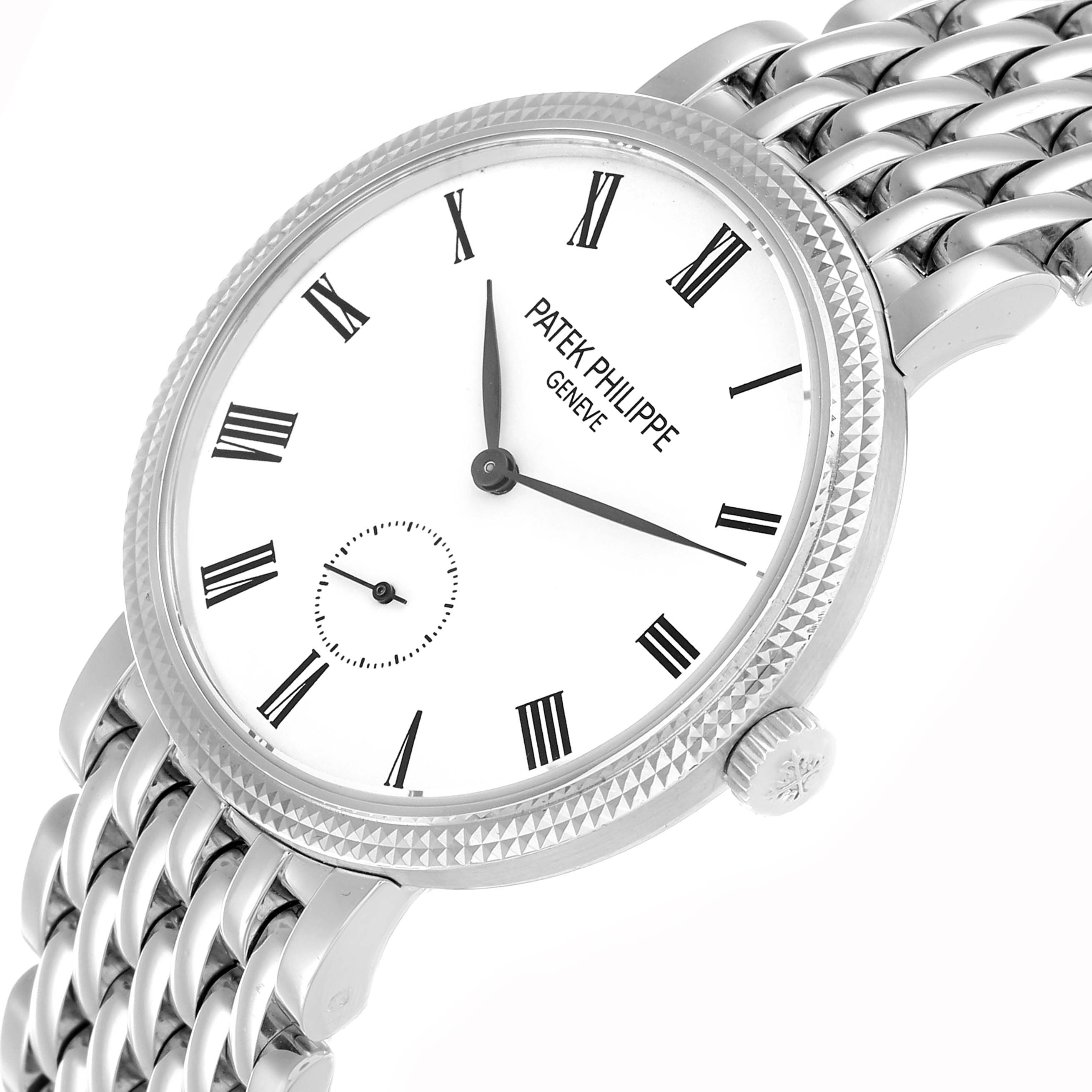The Patek Philippe Calatrava 7119 Women's White Gold White Dial watch is shown from a slightly angled side view, highlighting the dial, bezel, crown, and bracelet.