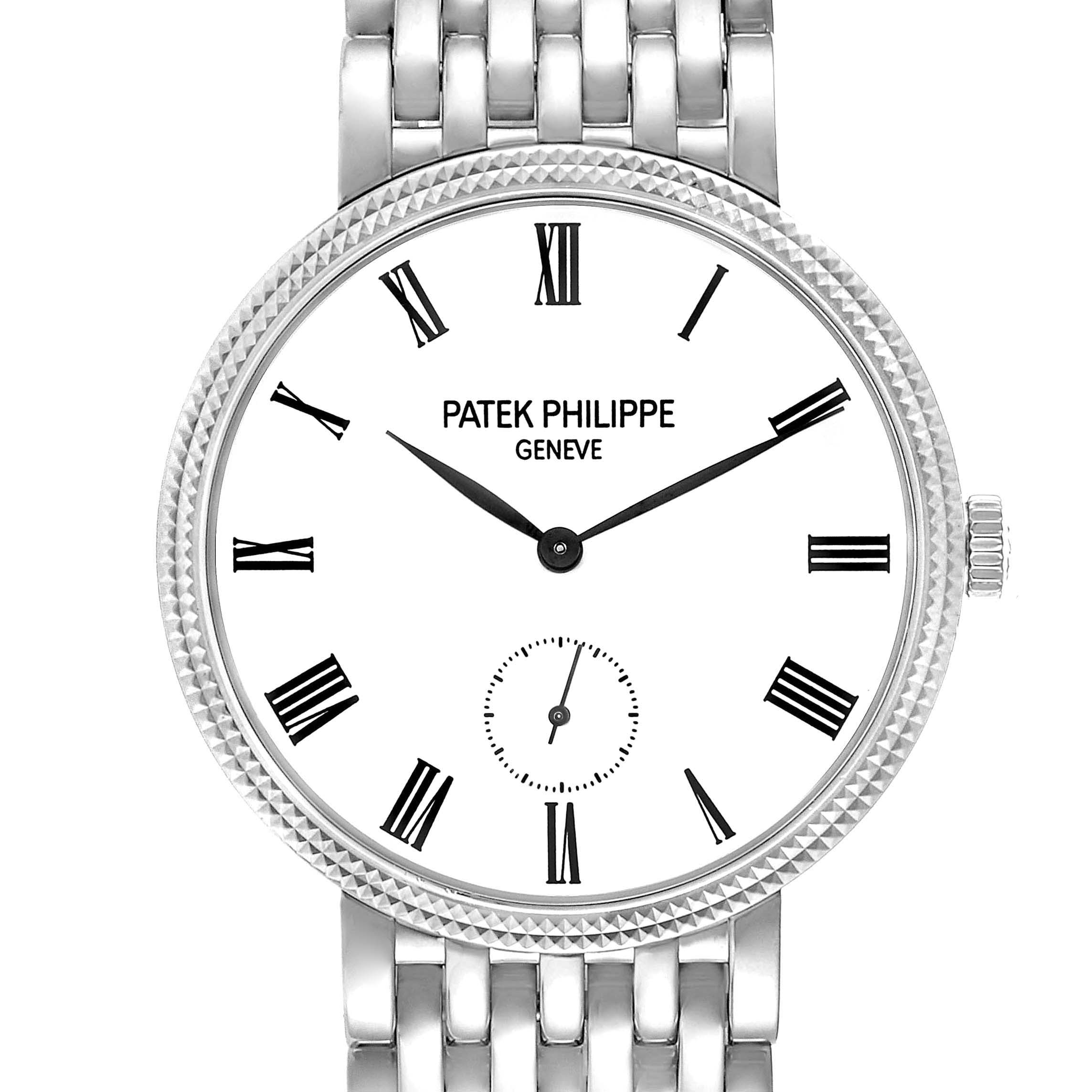 The image shows a front view of the Patek Philippe Calatrava 7119 Women's White Gold White Dial watch, highlighting its face, Roman numerals, and metal bracelet.