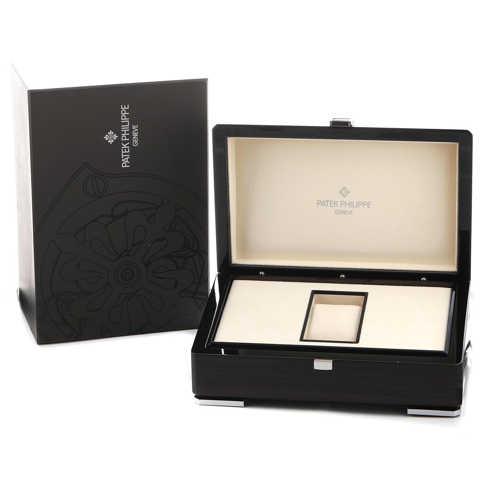 The image shows a Patek Philippe Calatrava 5224R-001 Men's Rose Gold Blue Dial watch box open, alongside its branded outer packaging.