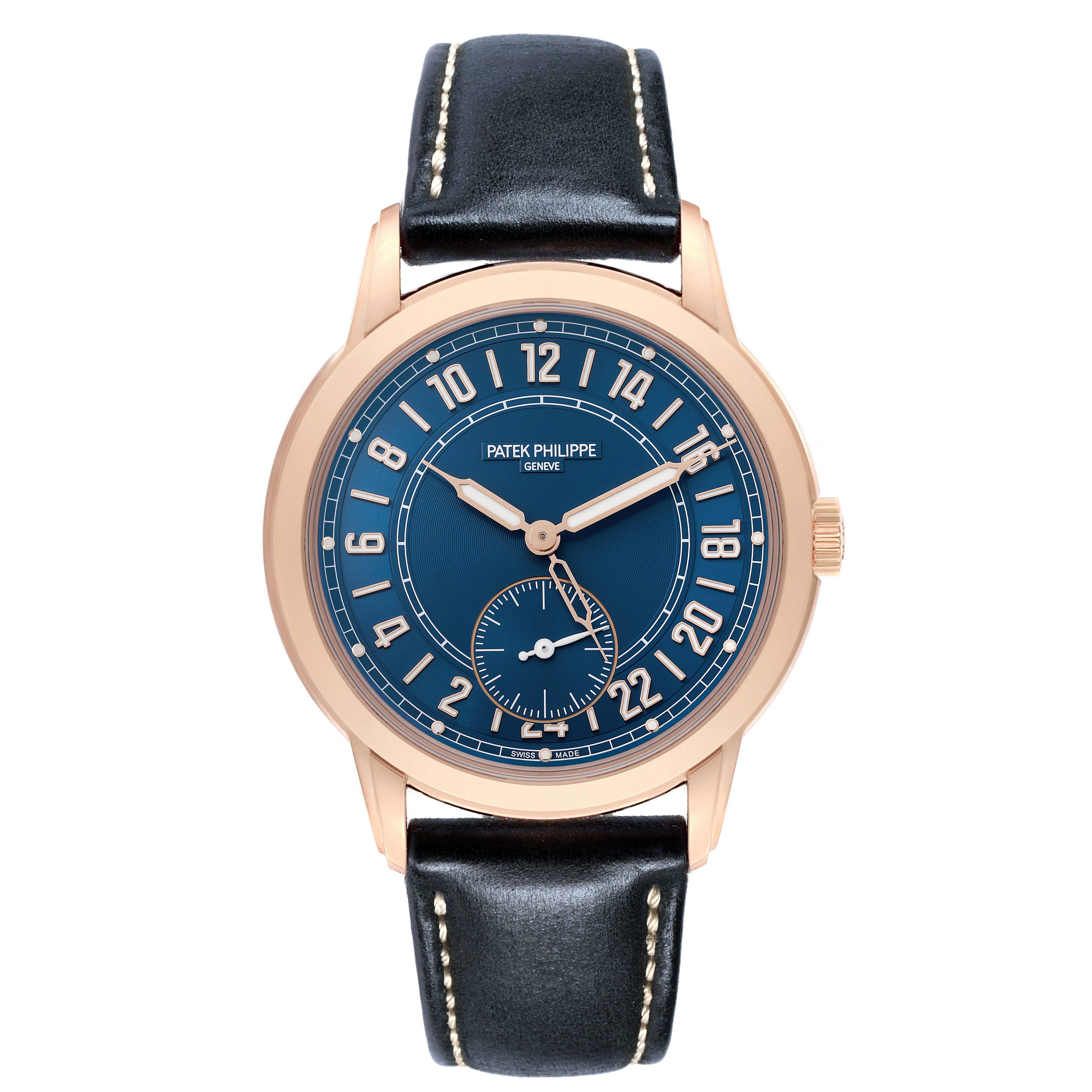 The Patek Philippe Calatrava 5224R-001 Men's Rose Gold Blue Dial watch is shown from the front, highlighting its blue dial, rose gold case, and black leather strap.