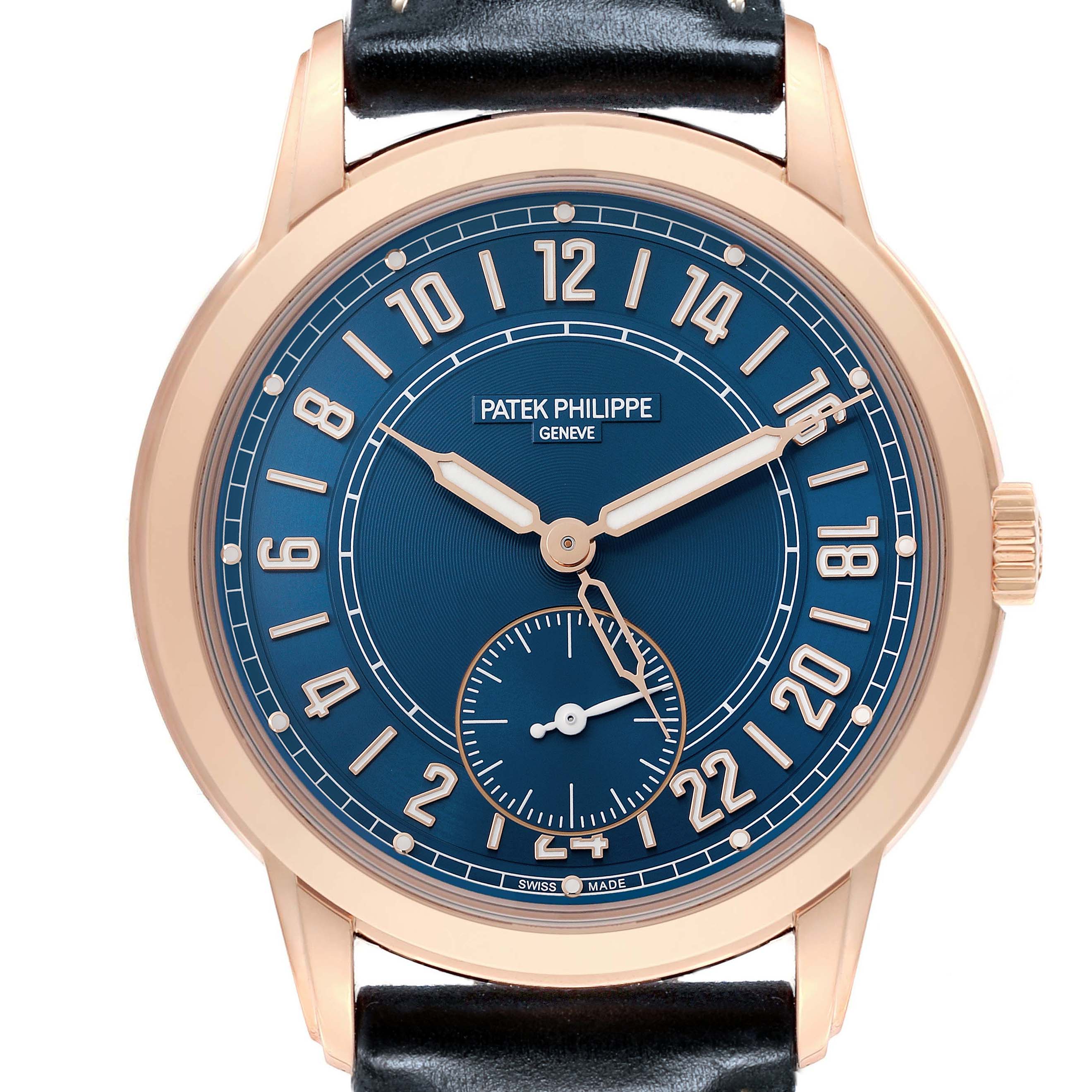 The Patek Philippe Calatrava 5224R-001 Men's Rose Gold Blue Dial watch is shown from a front angle, featuring its blue dial, hour markers, and sub-dial.