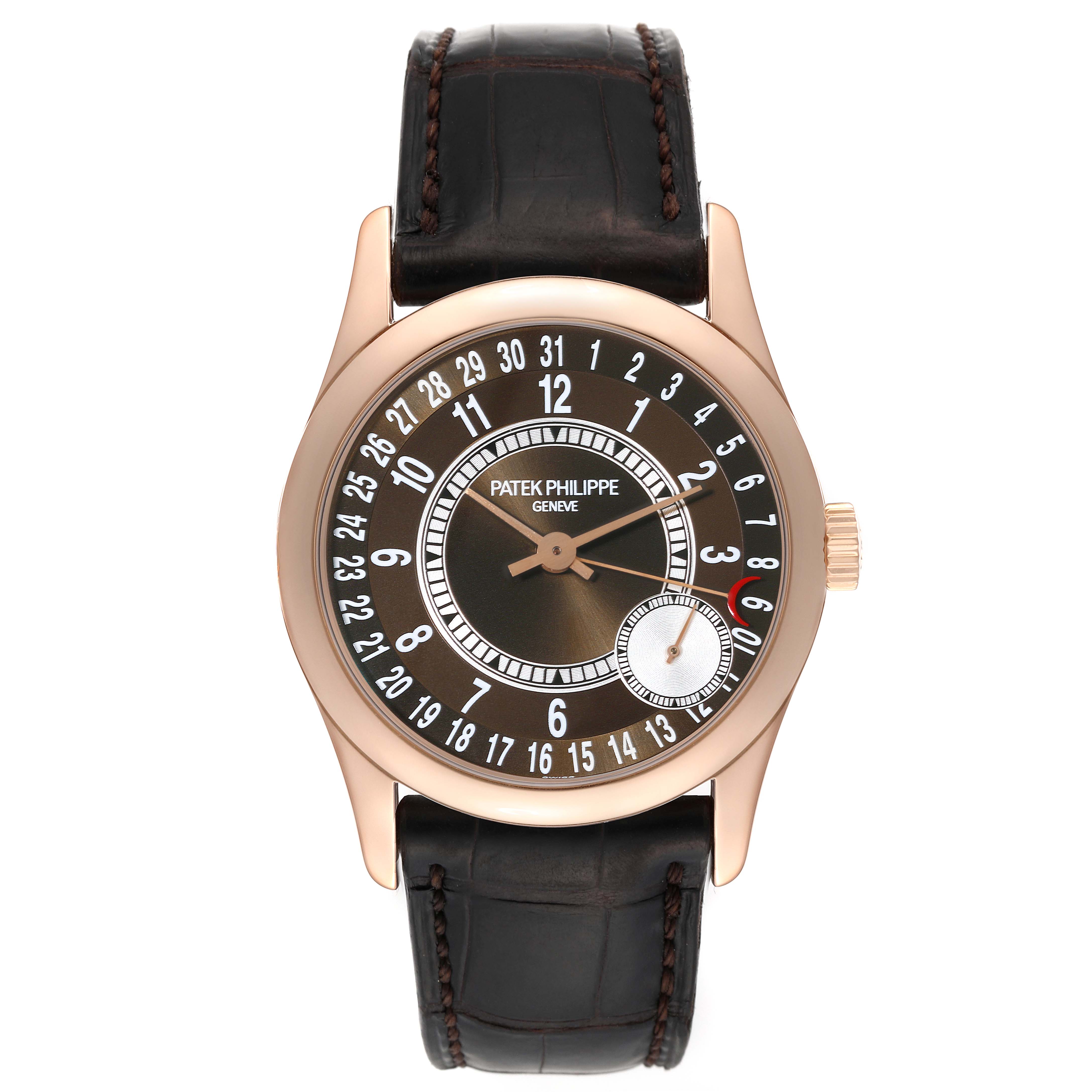 The image shows a front view of the Patek Philippe Calatrava 6000R-001 Men's Rose Gold Brown Dial 6000R-001 Men's Rose Gold Brown Dial watch with a brown dial and leather strap.