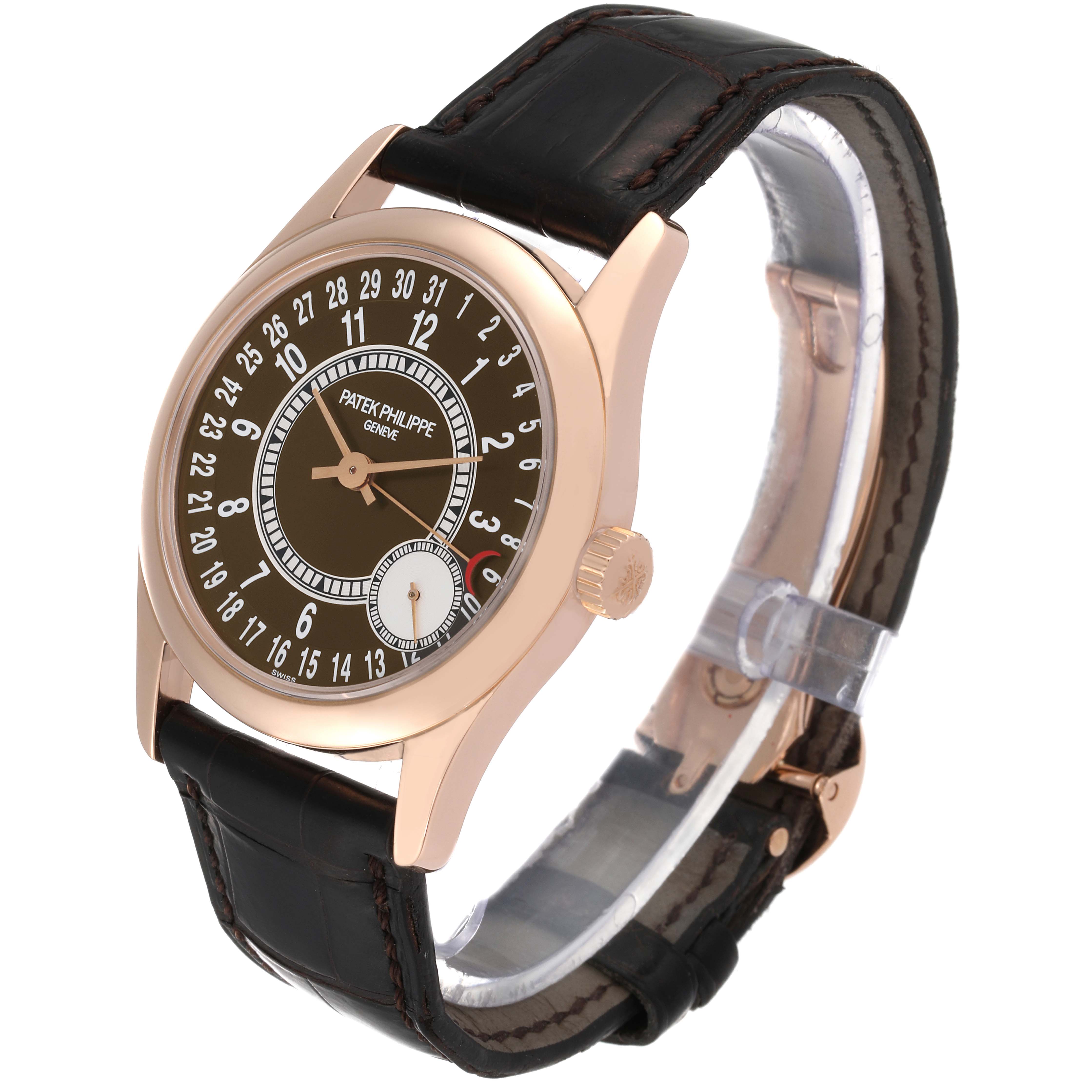 This image shows a side/front view of a Patek Philippe Calatrava 6000R-001 Men's Rose Gold Brown Dial 6000R-001 Men's Rose Gold Brown Dial watch, highlighting its face, strap, and crown.