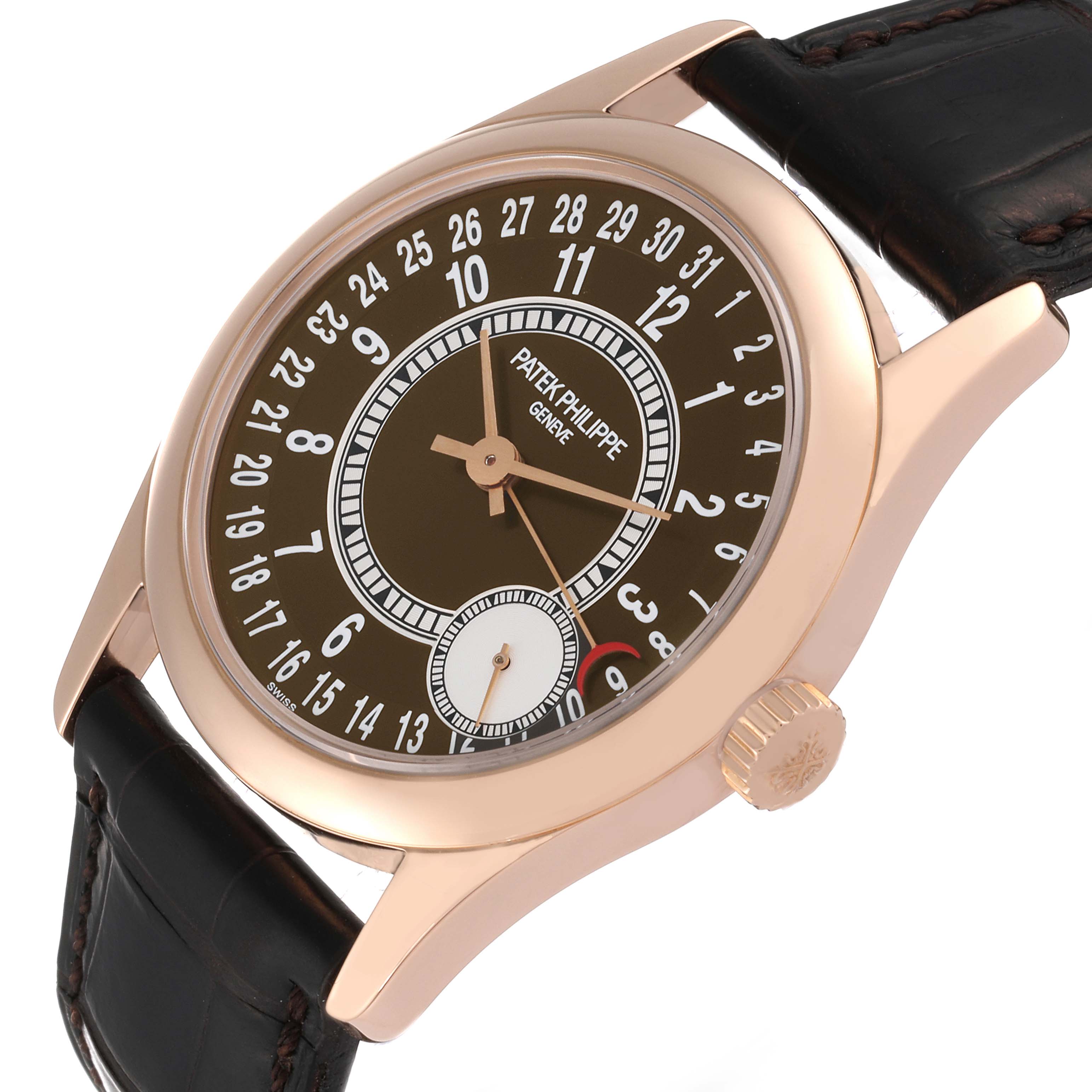 The image shows a side and top view of the Patek Philippe Calatrava 6000R-001 Men's Rose Gold Brown Dial 6000R-001 Men's Rose Gold Brown Dial watch, highlighting its dial, hands, crown, and strap.