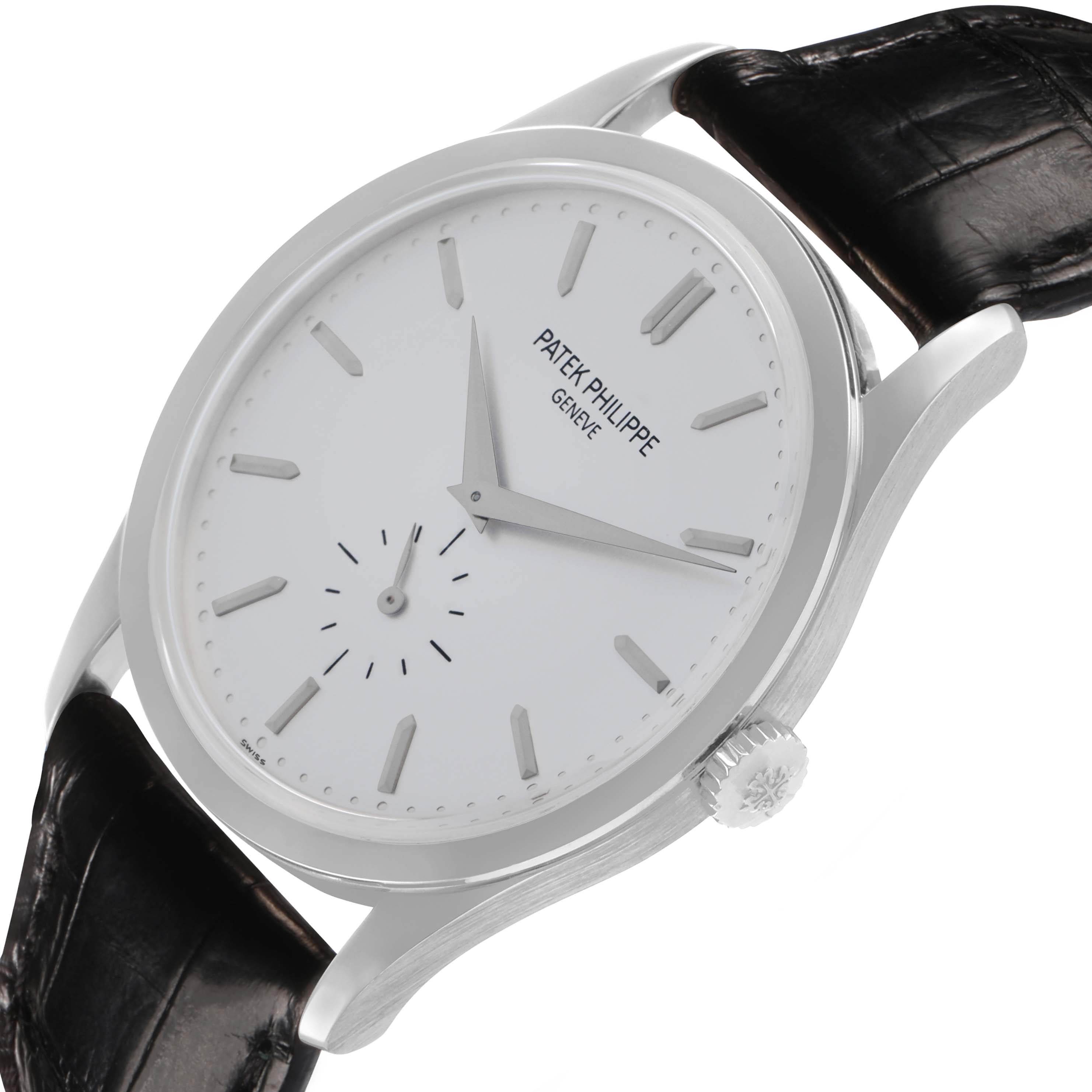 The Patek Philippe Calatrava 5196 Men
s White Gold Silver Dial watch is shown at a slight angle, displaying the face, crown, and part of the leather strap.
