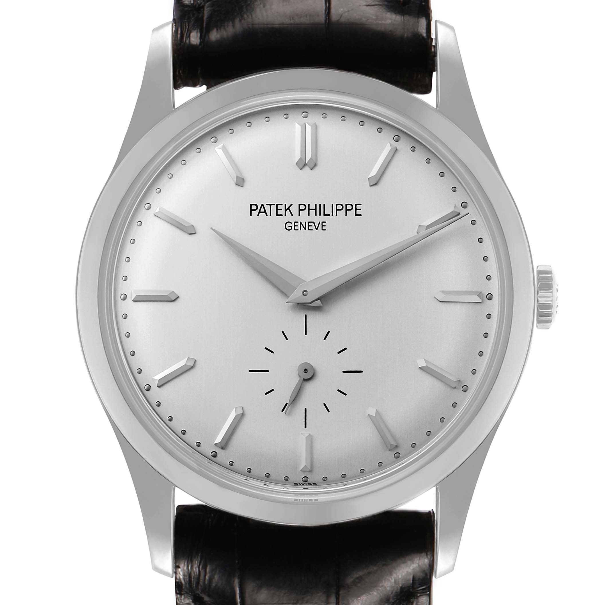 The image shows a frontal view of the Patek Philippe Calatrava 5196 Men
s White Gold Silver Dial watch, highlighting the dial, hands, and indices.