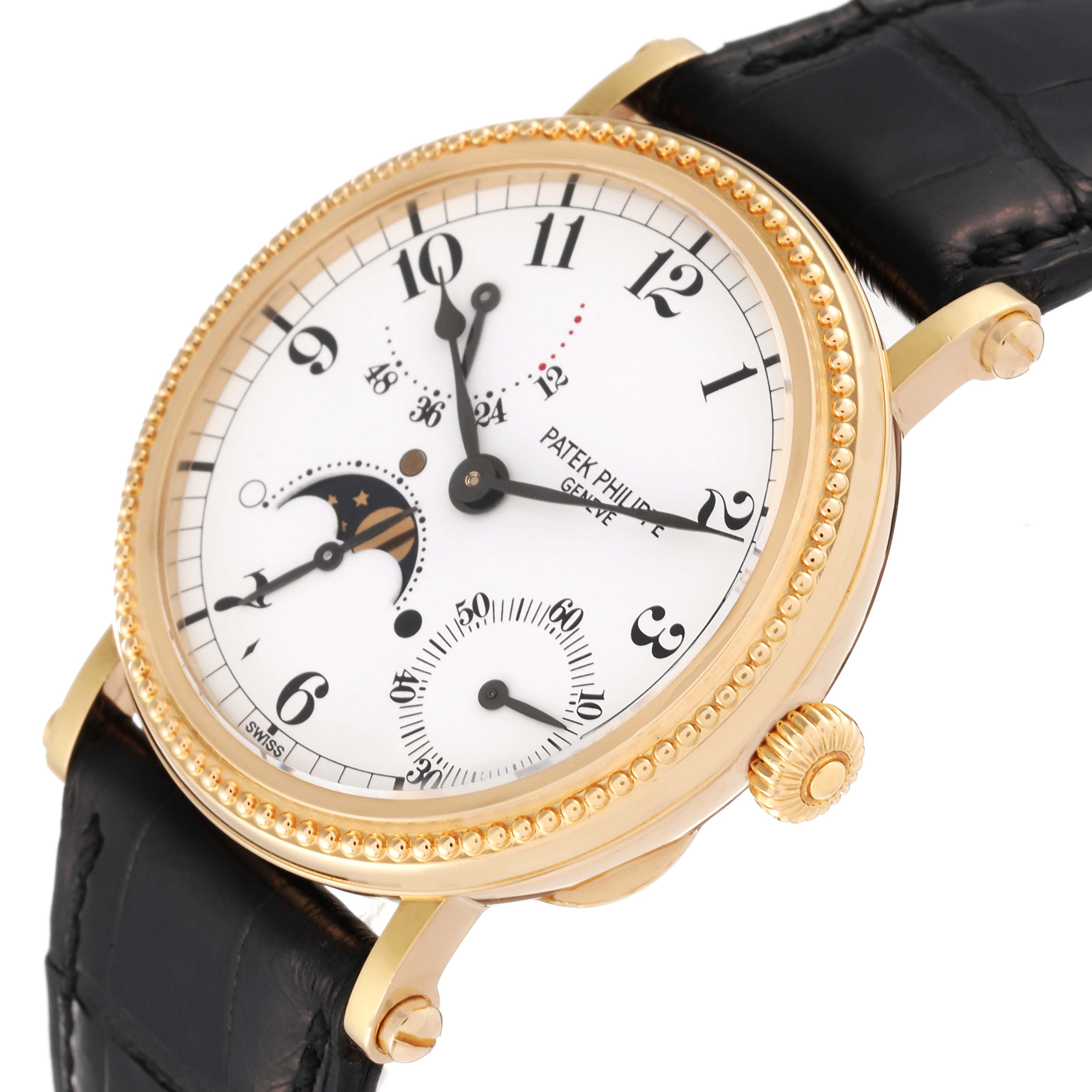 The image shows a Patek Philippe Calatrava 5015J-001 Men
s Yellow Gold White Dial 5015J-001 Men
s Yellow Gold White Dial watch at a three-quarter angle, highlighting its face, bezel, and black leather strap.