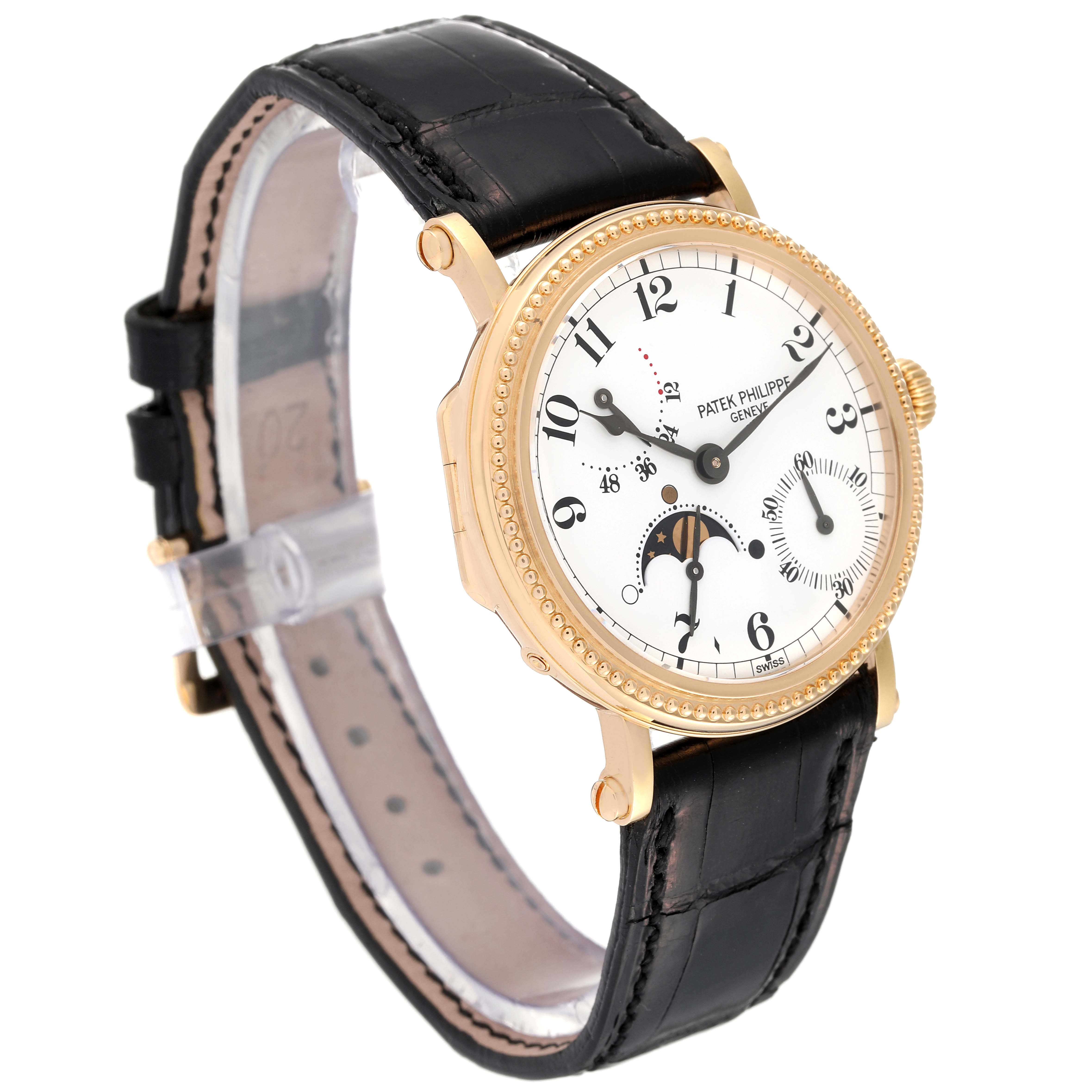 This image shows a side-angle view of a Patek Philippe Calatrava 5015J-001 Men
s Yellow Gold White Dial 5015J-001 Men
s Yellow Gold White Dial watch, highlighting its face, black leather strap, and gold case.