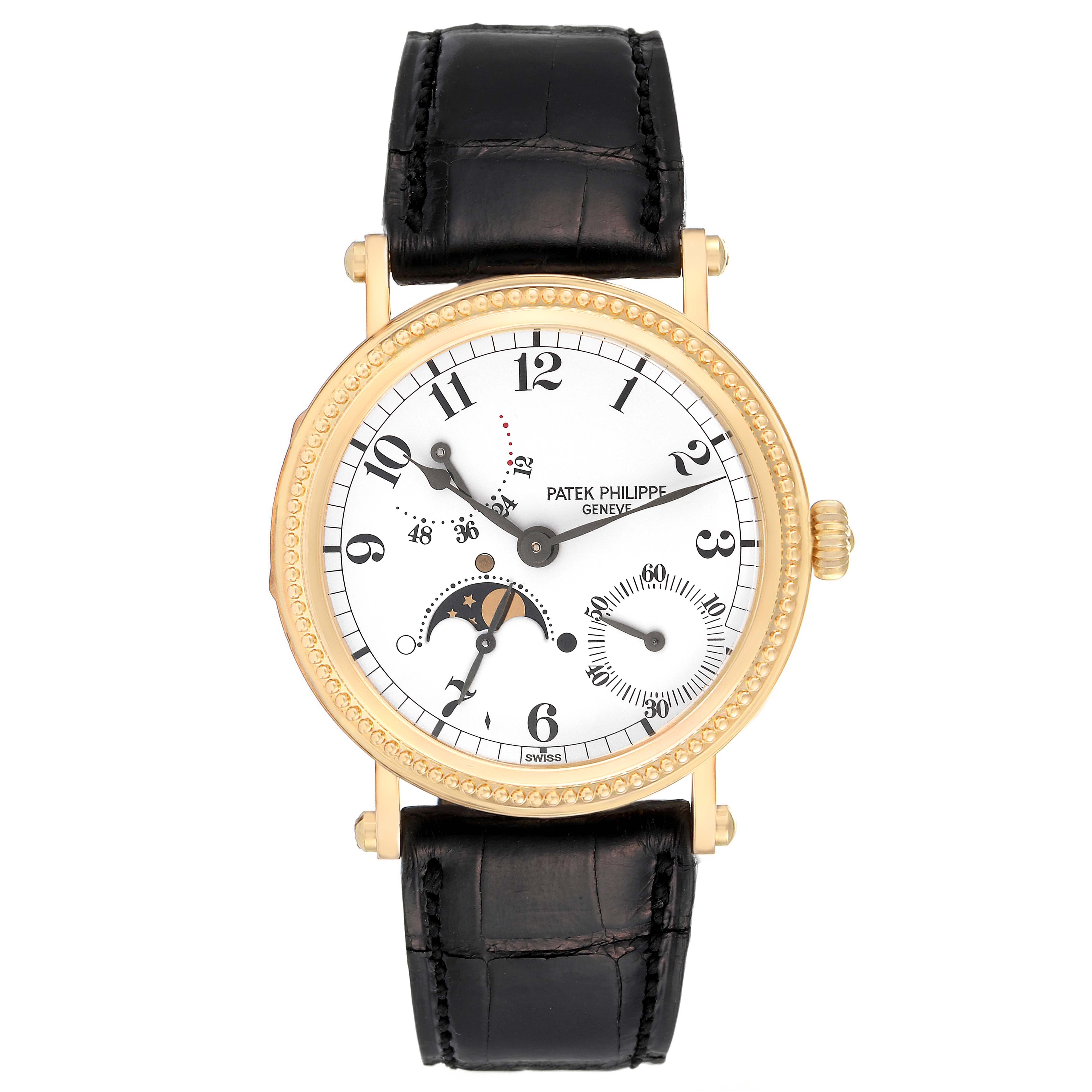The image shows a front view of the Patek Philippe Calatrava 5015J-001 Men
s Yellow Gold White Dial 5015J-001 Men
s Yellow Gold White Dial watch, highlighting its face, gold case, and black leather strap.