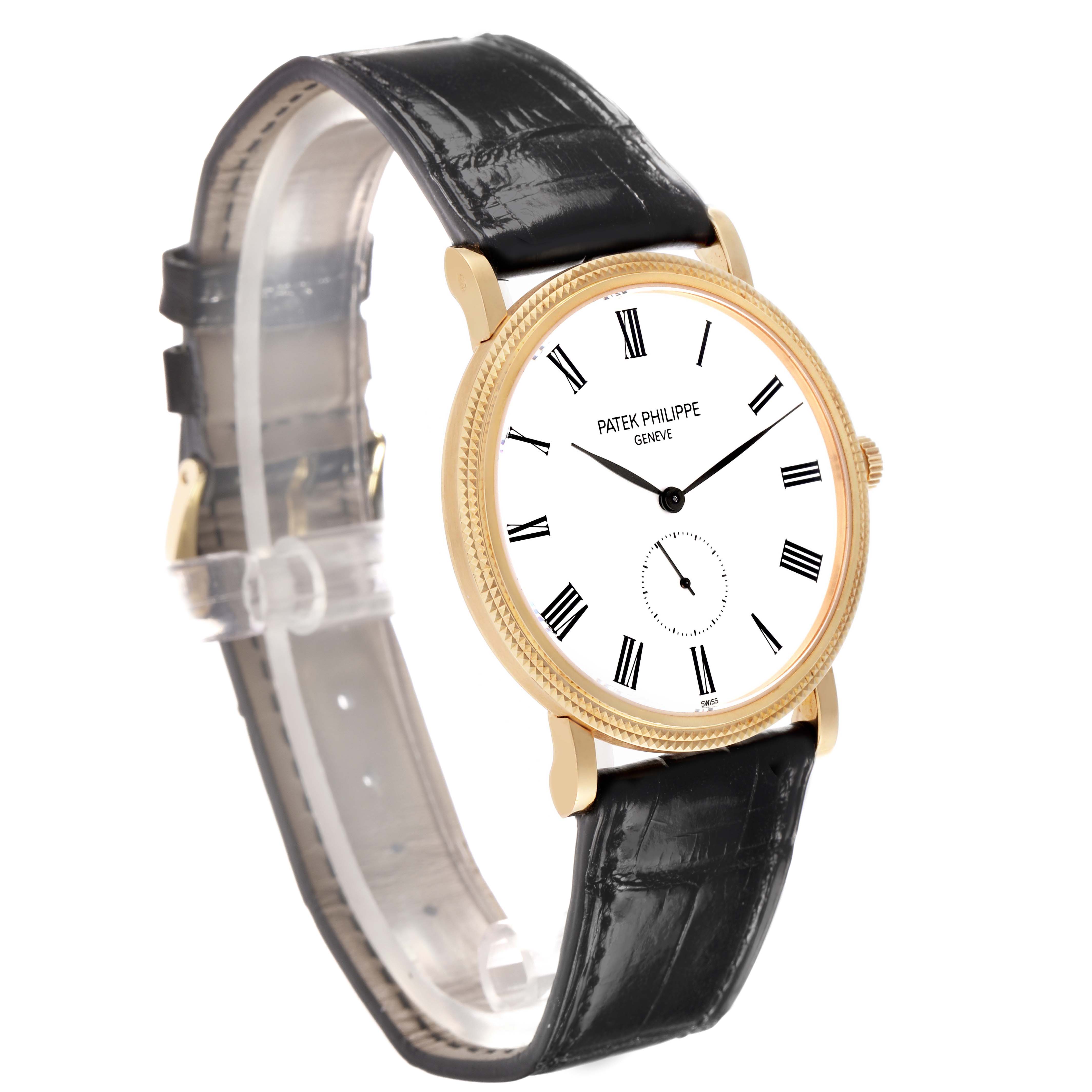 The Patek Philippe Calatrava 5119 Men
s Yellow Gold White Dial is shown from a front-side angle, displaying the watch face, bezel, and leather strap.