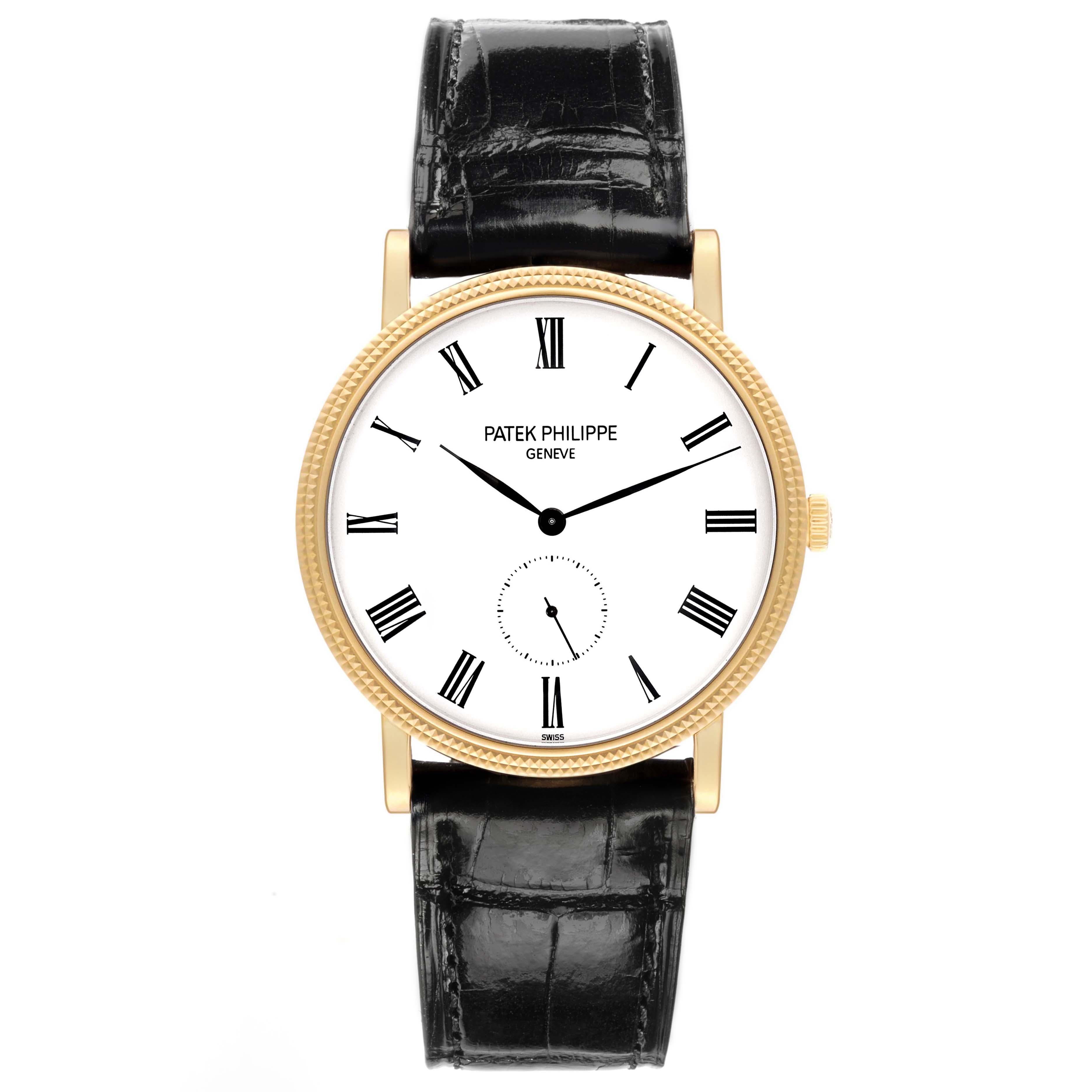 The Patek Philippe Calatrava 5119 Men
s Yellow Gold White Dial watch is shown from the front, featuring a gold case, white dial, Roman numerals, and a black leather strap.