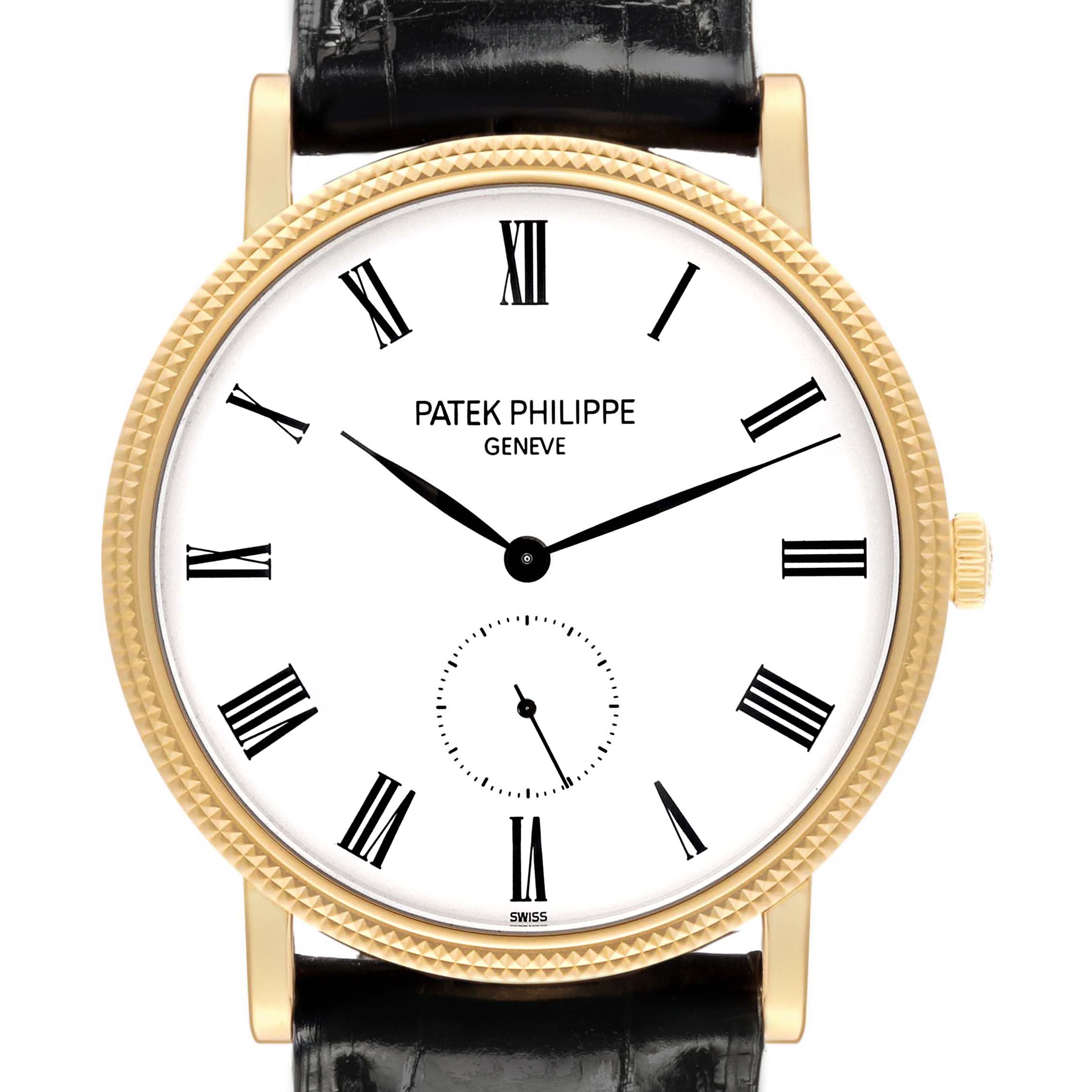 The image shows a frontal view of a Patek Philippe Calatrava 5119 Men
s Yellow Gold White Dial watch, highlighting its white dial, Roman numerals, and leather strap.