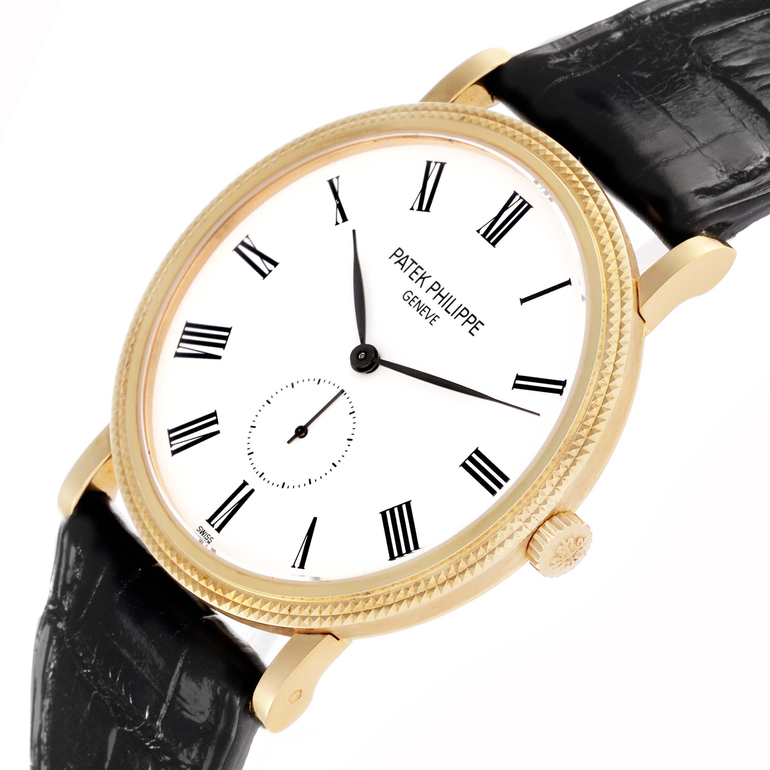 The Patek Philippe Calatrava 5119 Men
s Yellow Gold White Dial watch is shown from a slightly angled top view, displaying its face, bezel, crown, and leather strap.