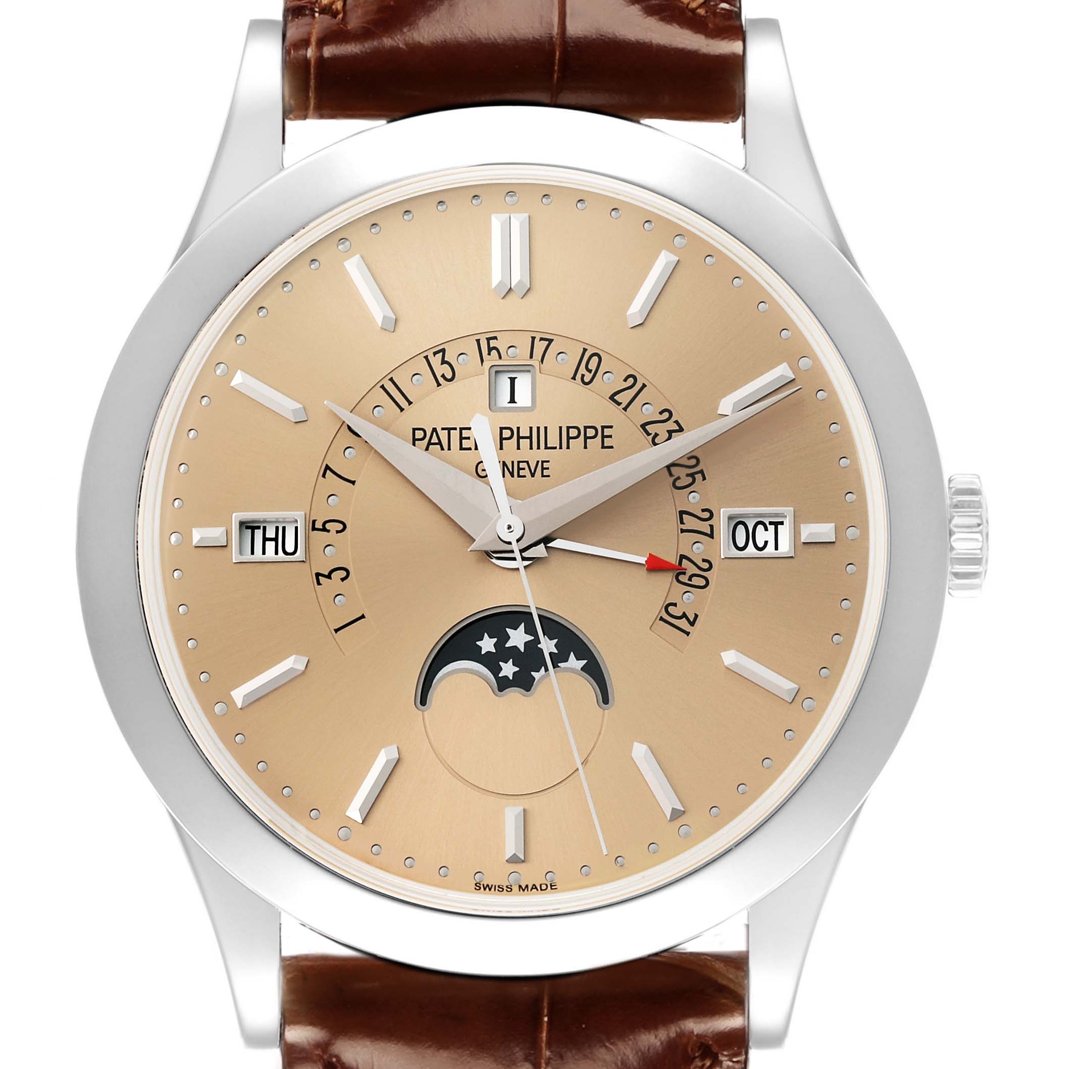 The Patek Philippe Complications 5496P-014 Men's Platinum Brown Dial model is shown from the front, displaying the dial, moon phase, date, day, and month indicators.