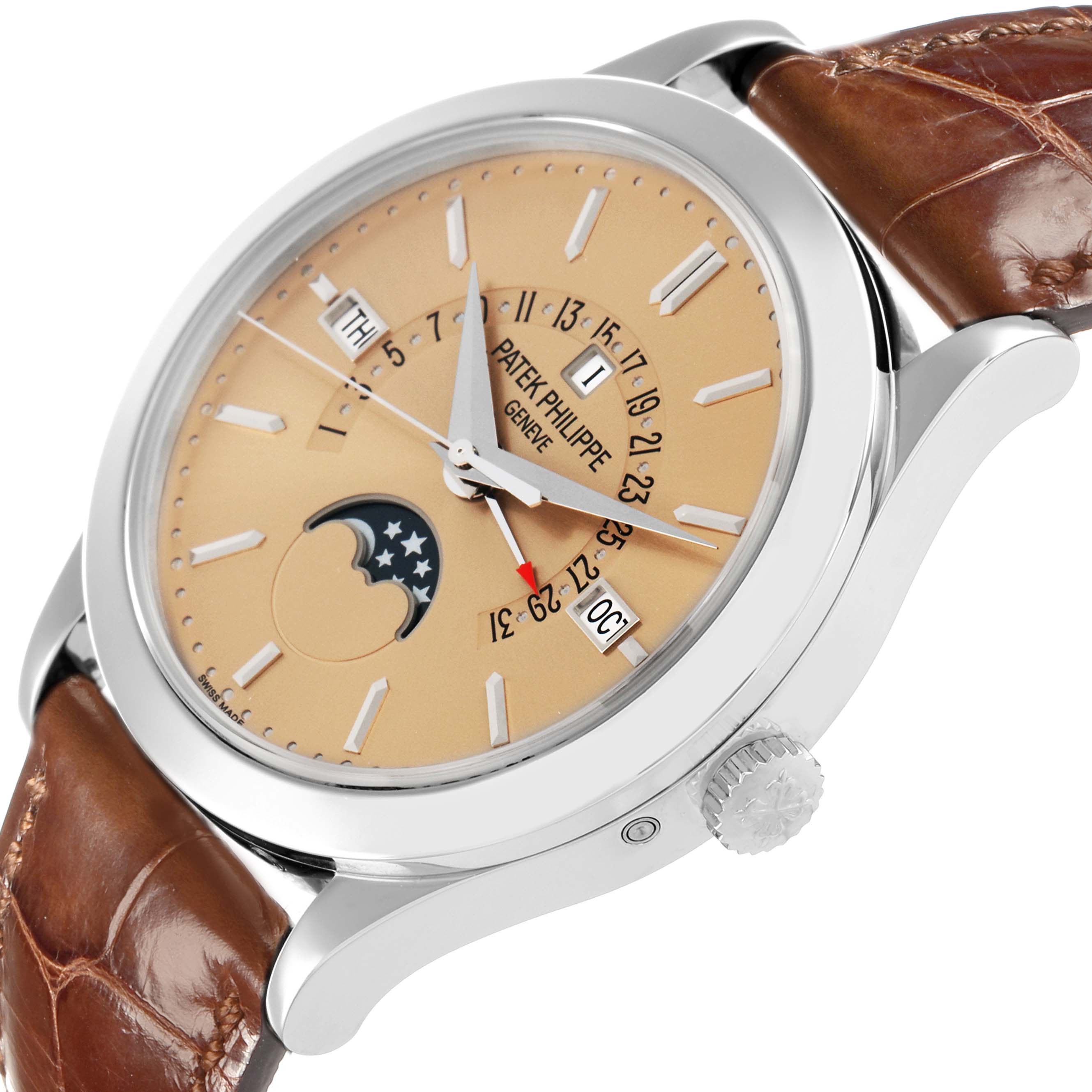 The Patek Philippe Complications 5496P-014 Men's Platinum Brown Dial model is shown at an angled side view, displaying the dial, crown, and leather strap.