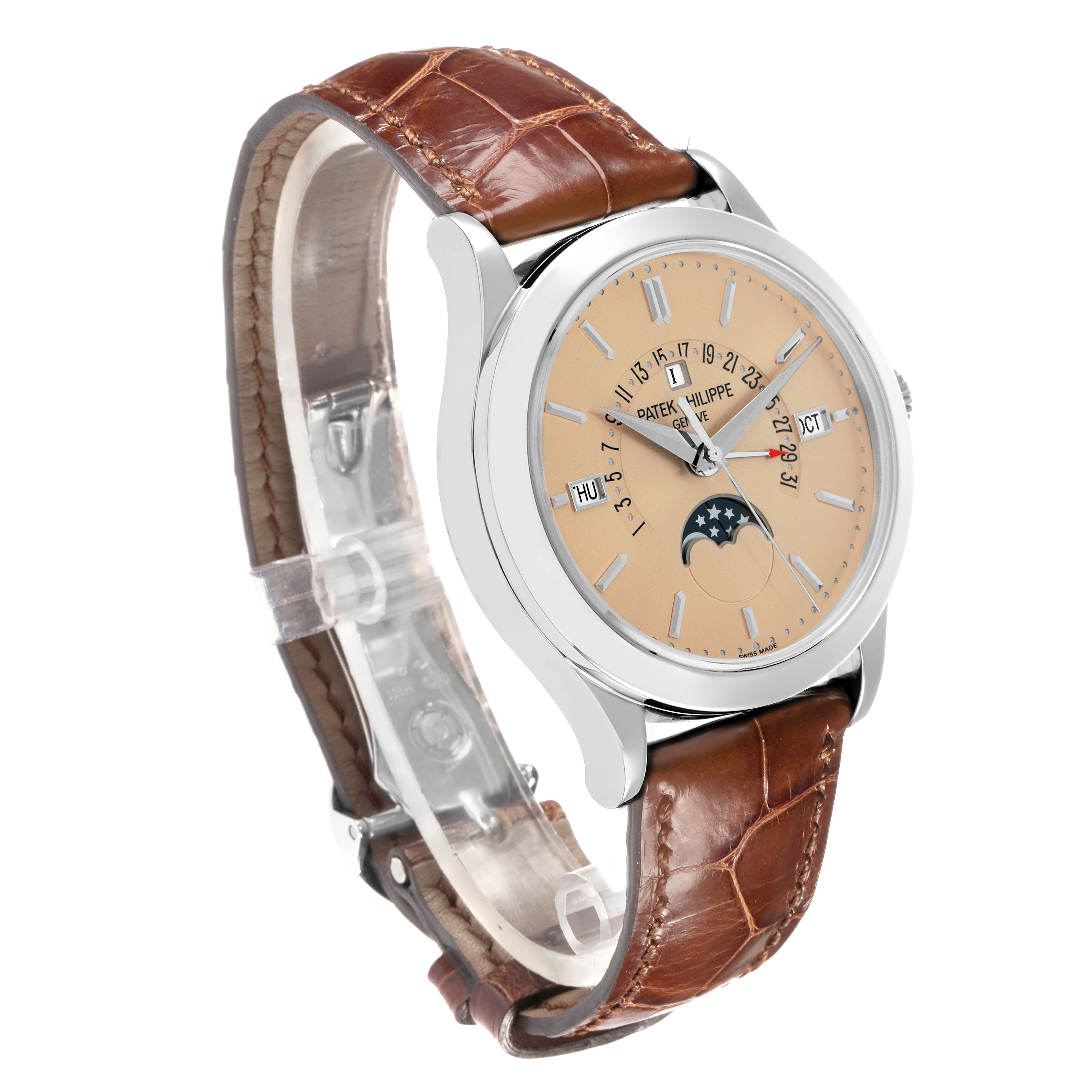 The Patek Philippe Complications 5496P-014 Men's Platinum Brown Dial watch is shown at a three-quarter angle highlighting the dial and leather strap.