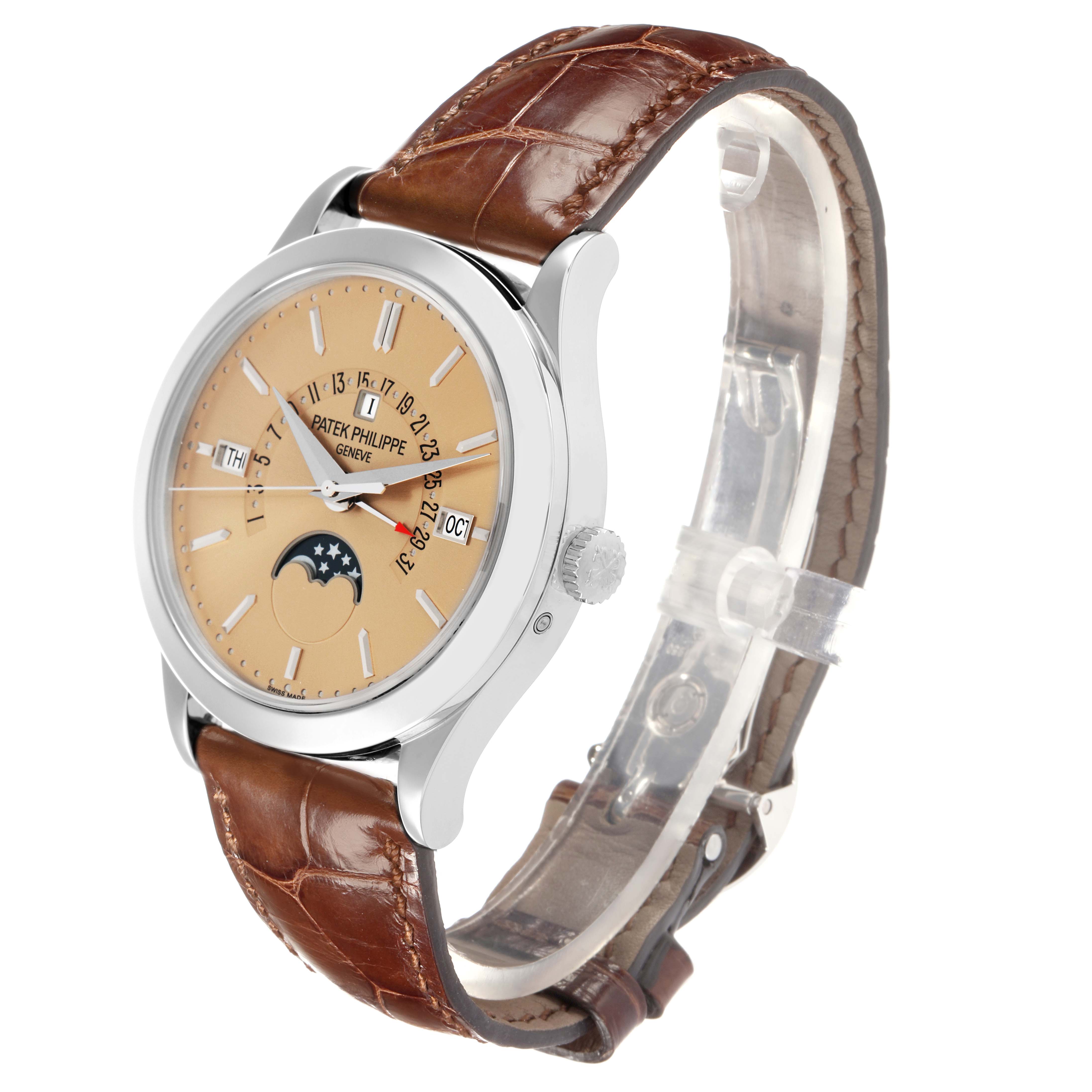 The Patek Philippe Complications 5496P-014 Men's Platinum Brown Dial watch is shown at a slight side angle, highlighting the face, crown, and leather strap.