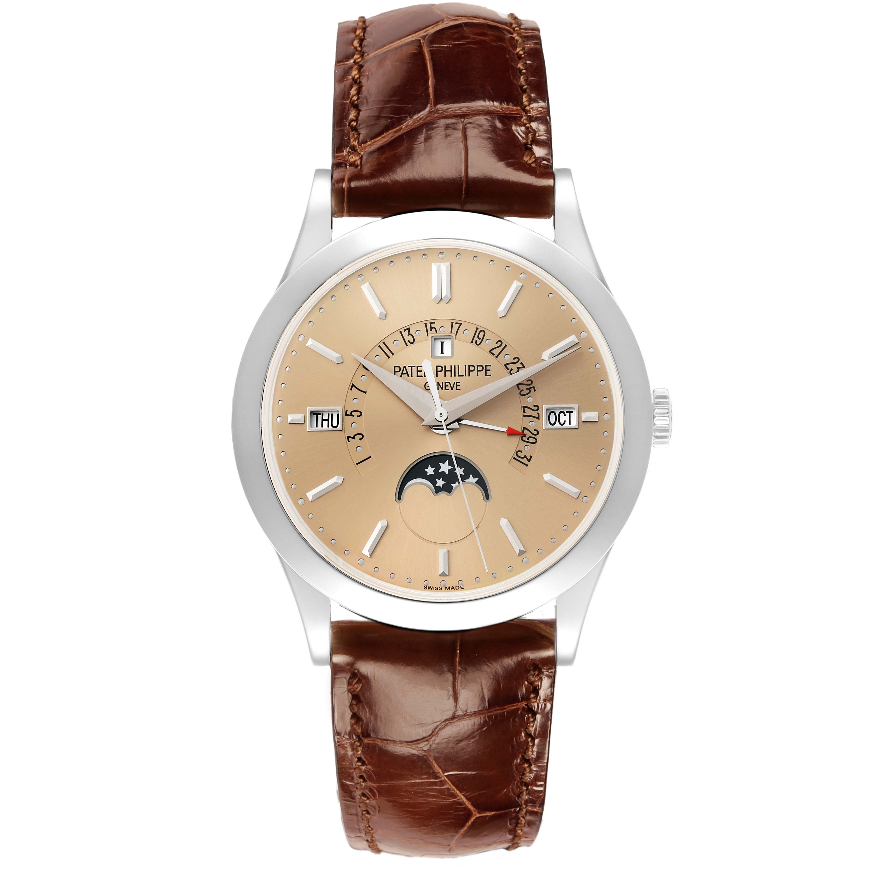 The Patek Philippe Complications 5496P-014 Men's Platinum Brown Dial watch is shown from a top-down angle, displaying its dial, case, and brown leather strap.