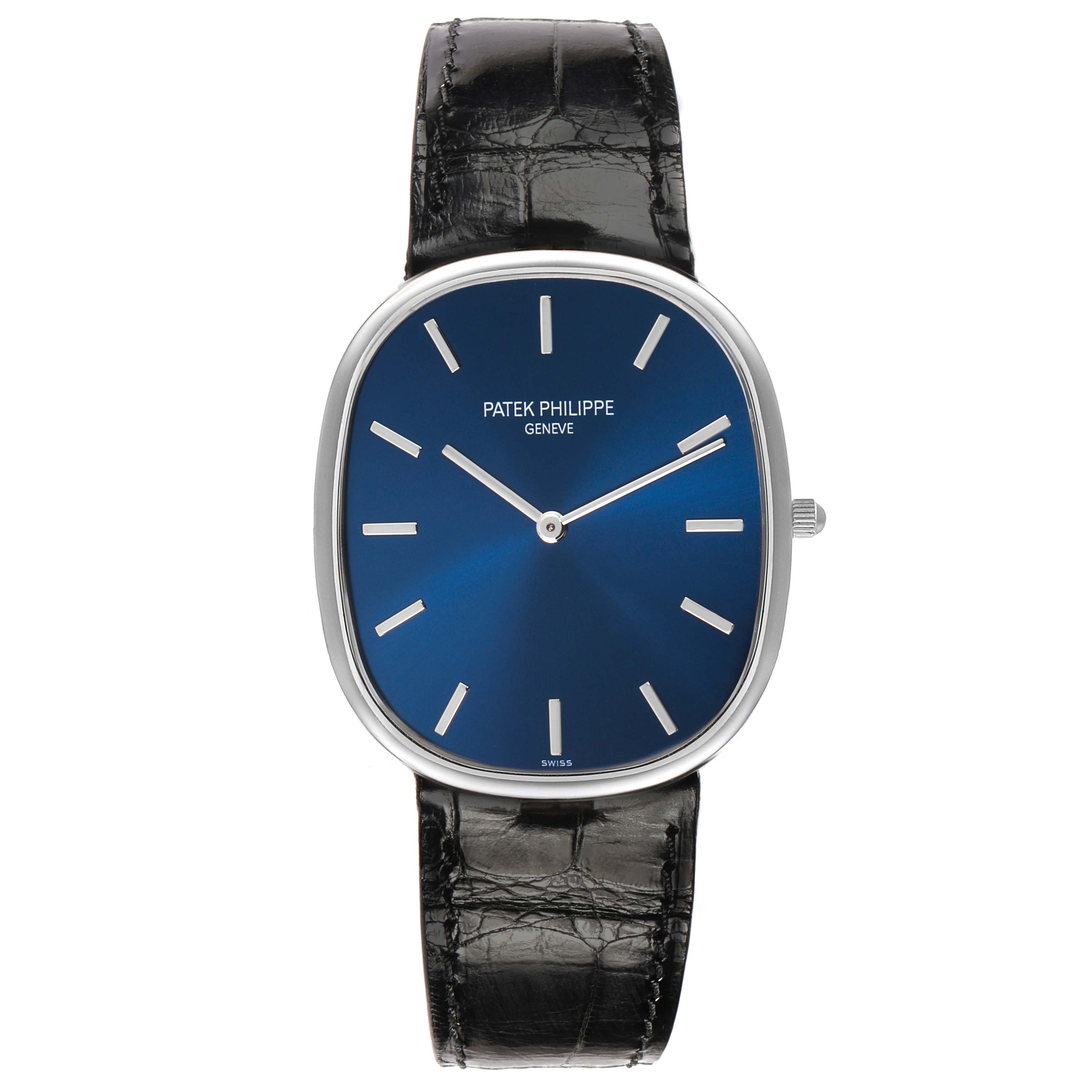 The Patek Philippe Golden Ellipse 5738P-001 Men's Platinum Blue Dial watch is shown from the front, highlighting the dial, hands, hour markers, and strap.