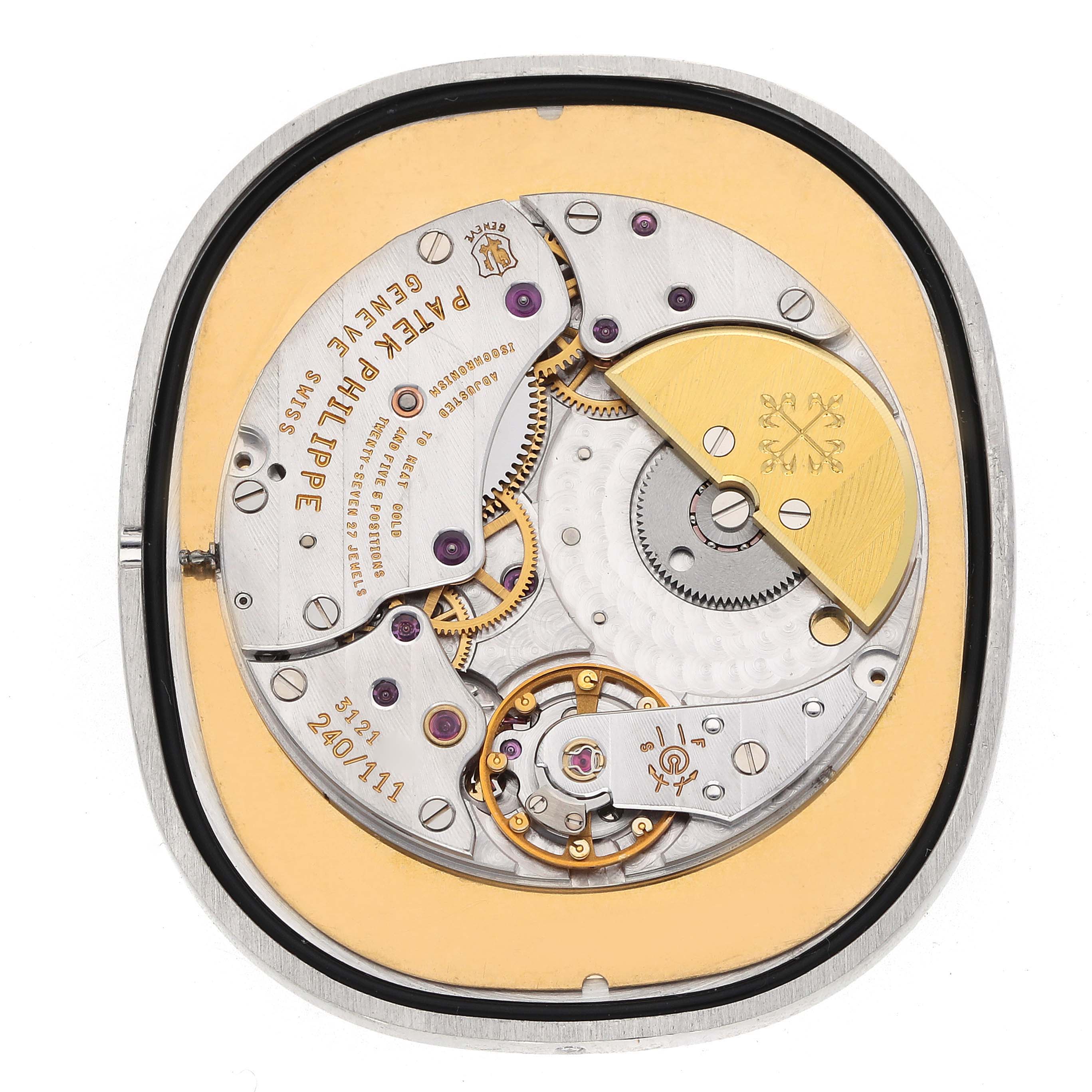 This image shows the intricate movement of the Patek Philippe Golden Ellipse 5738P-001 Men's Platinum Blue Dial watch from a top-down angle.