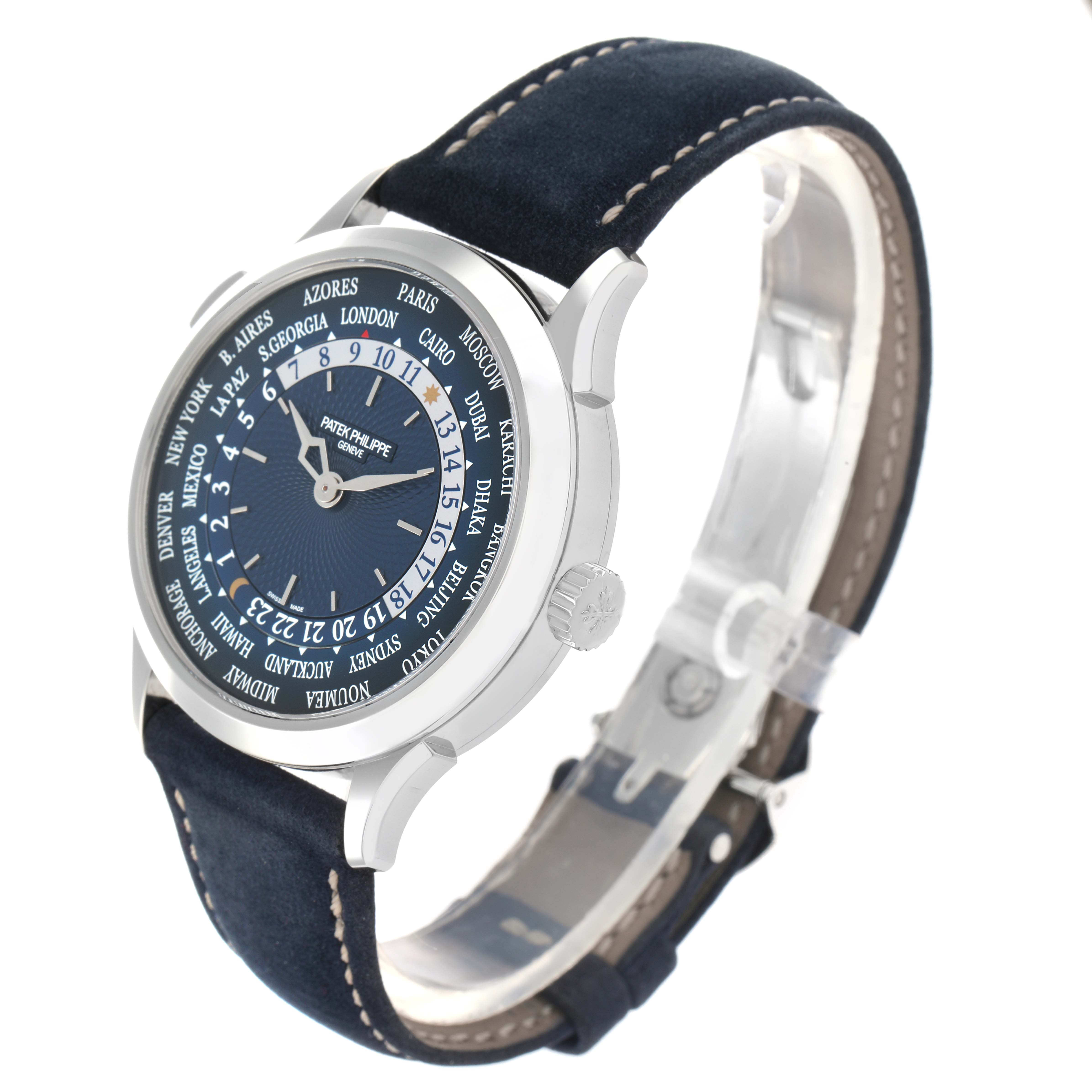 The Patek Philippe Complications 5230P-001 Men's Platinum Blue Dial watch is shown at a three-quarter angle, highlighting the face and strap.