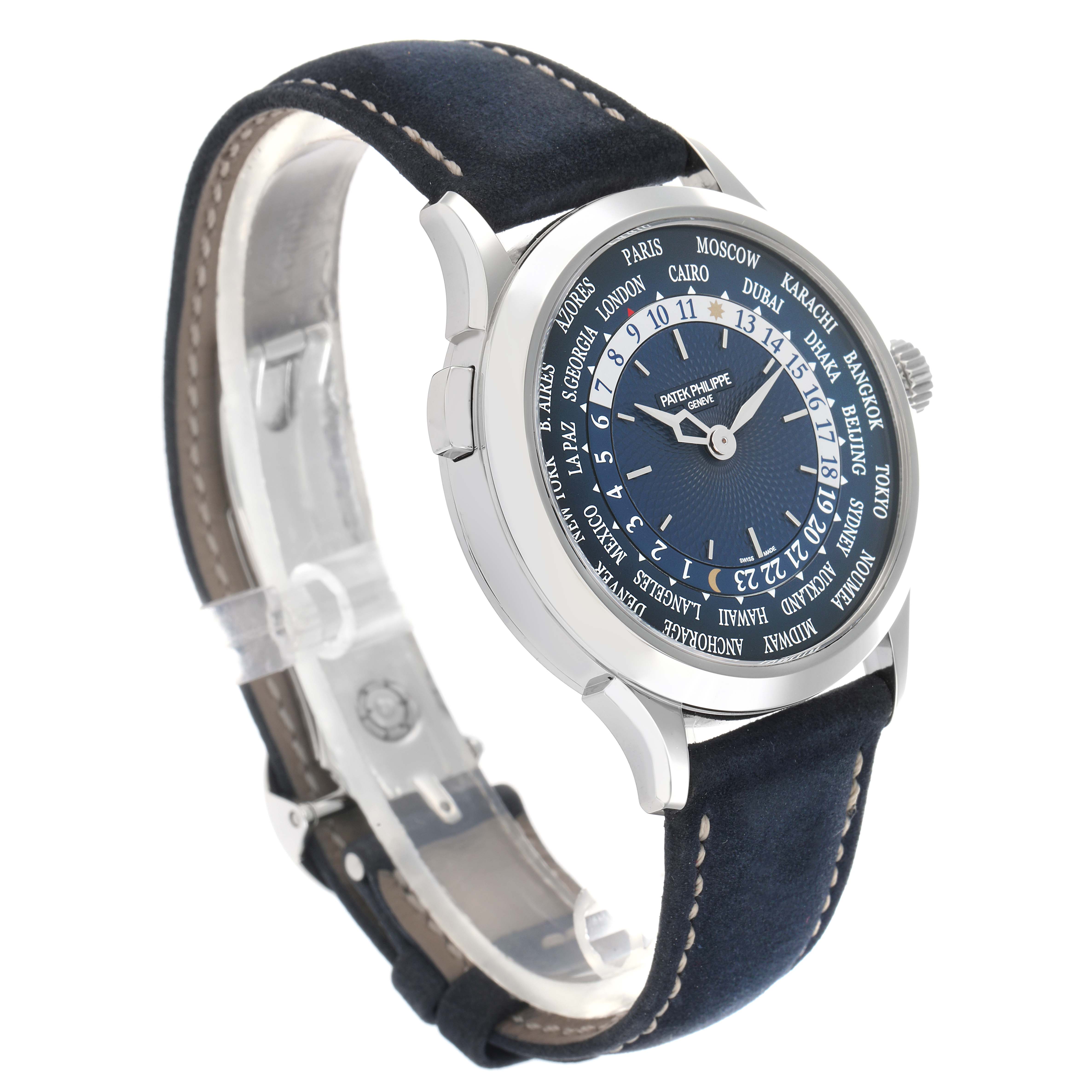 The Patek Philippe Complications 5230P-001 Men's Platinum Blue Dial watch is shown at a three-quarter angle, revealing the face, case, and strap.