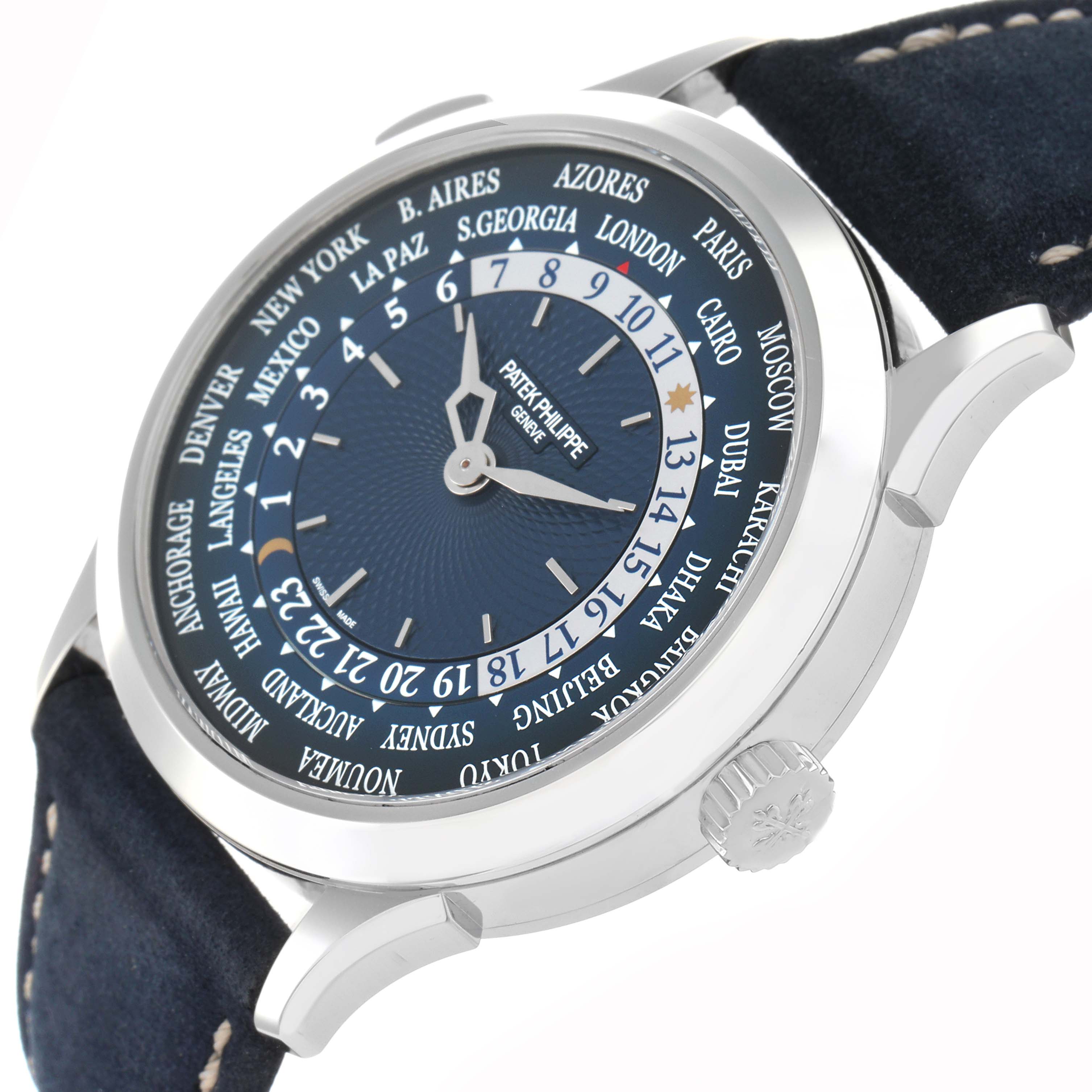 The image shows a side view of the Patek Philippe Complications 5230P-001 Men's Platinum Blue Dial watch highlighting its blue dial, city ring, and crown.