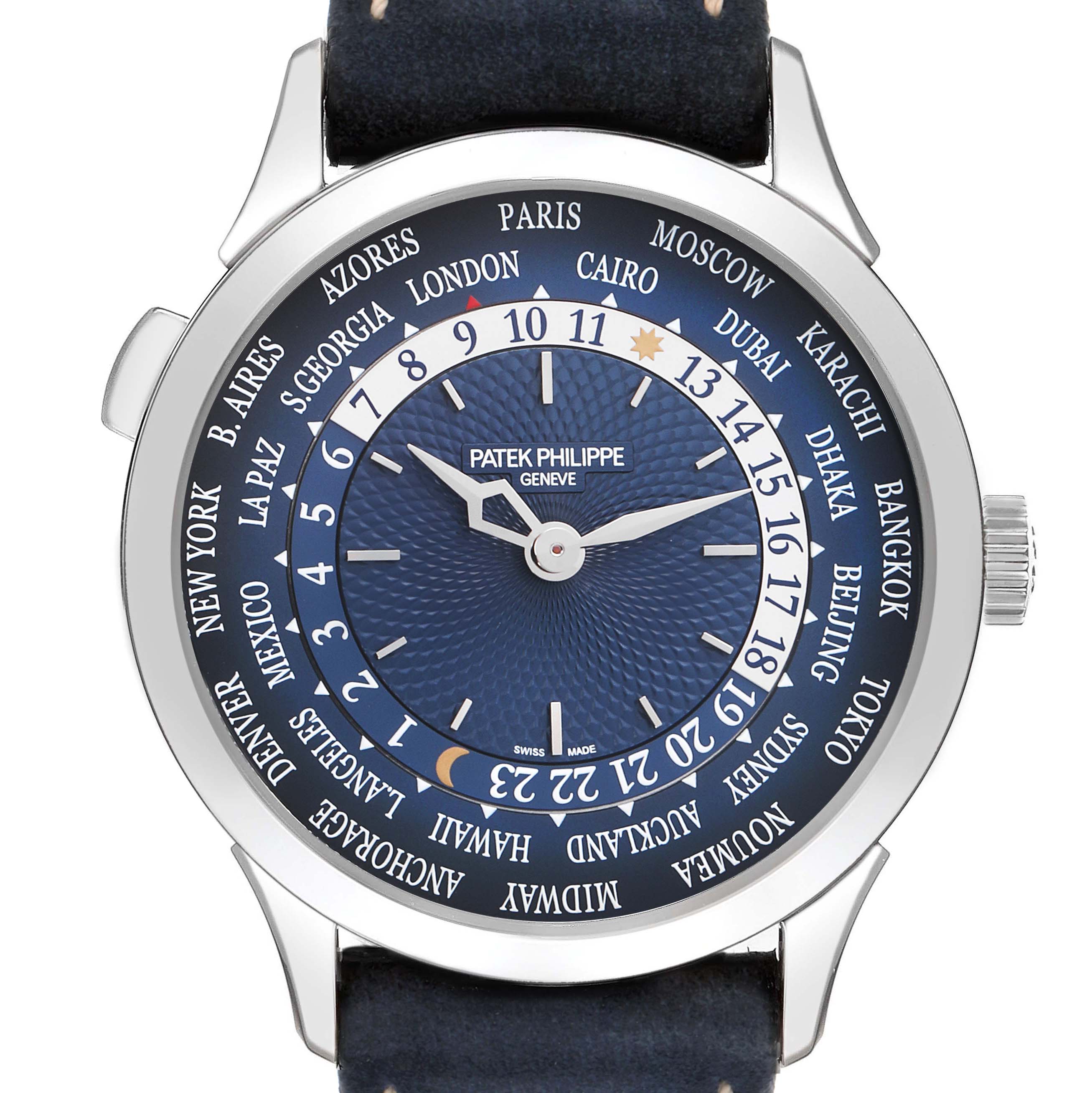 The Patek Philippe Complications 5230P-001 Men's Platinum Blue Dial watch is shown from the front, highlighting its world time dial and blue center design.