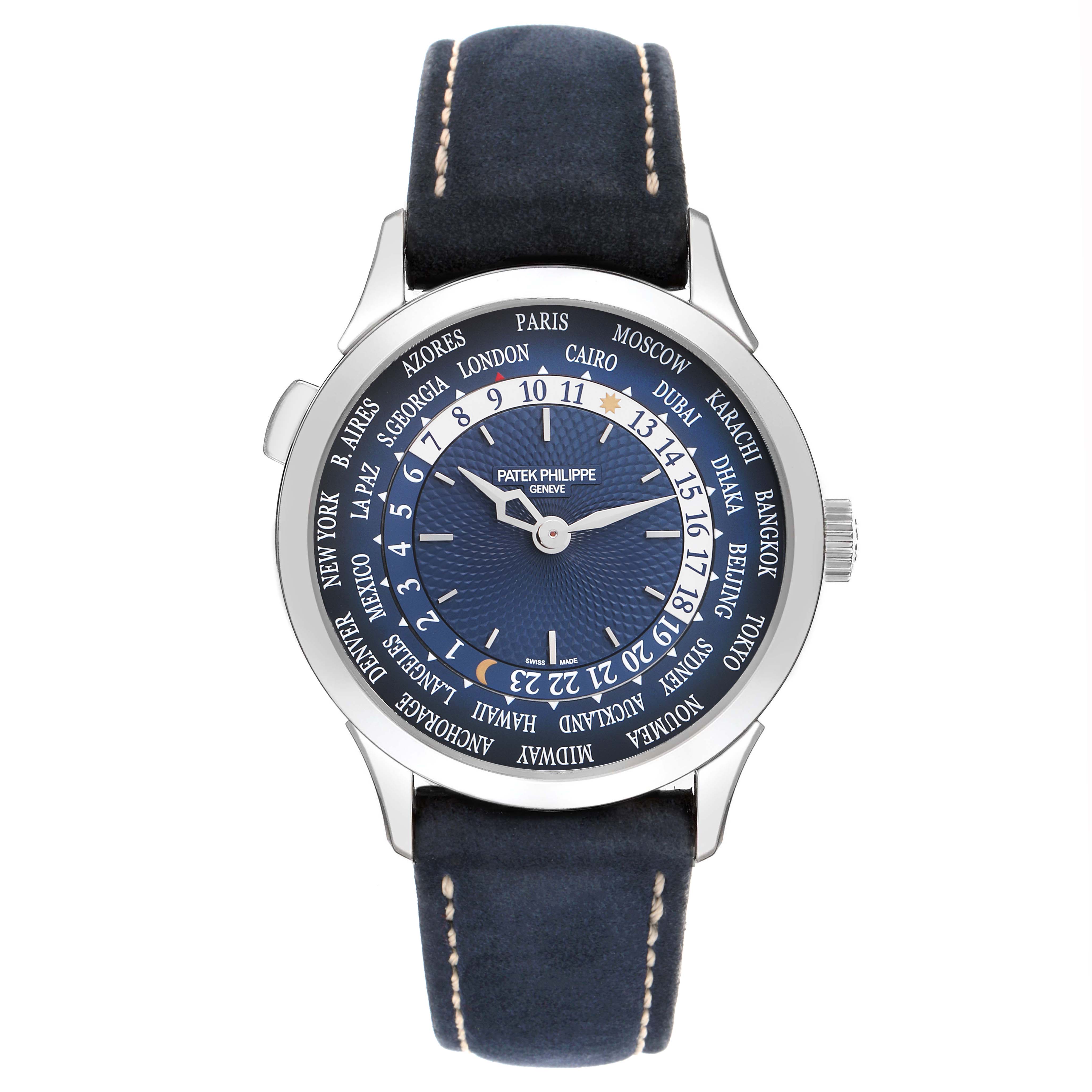 The Patek Philippe Complications 5230P-001 Men's Platinum Blue Dial watch is shown from a top-down angle, highlighting the dial and city ring.