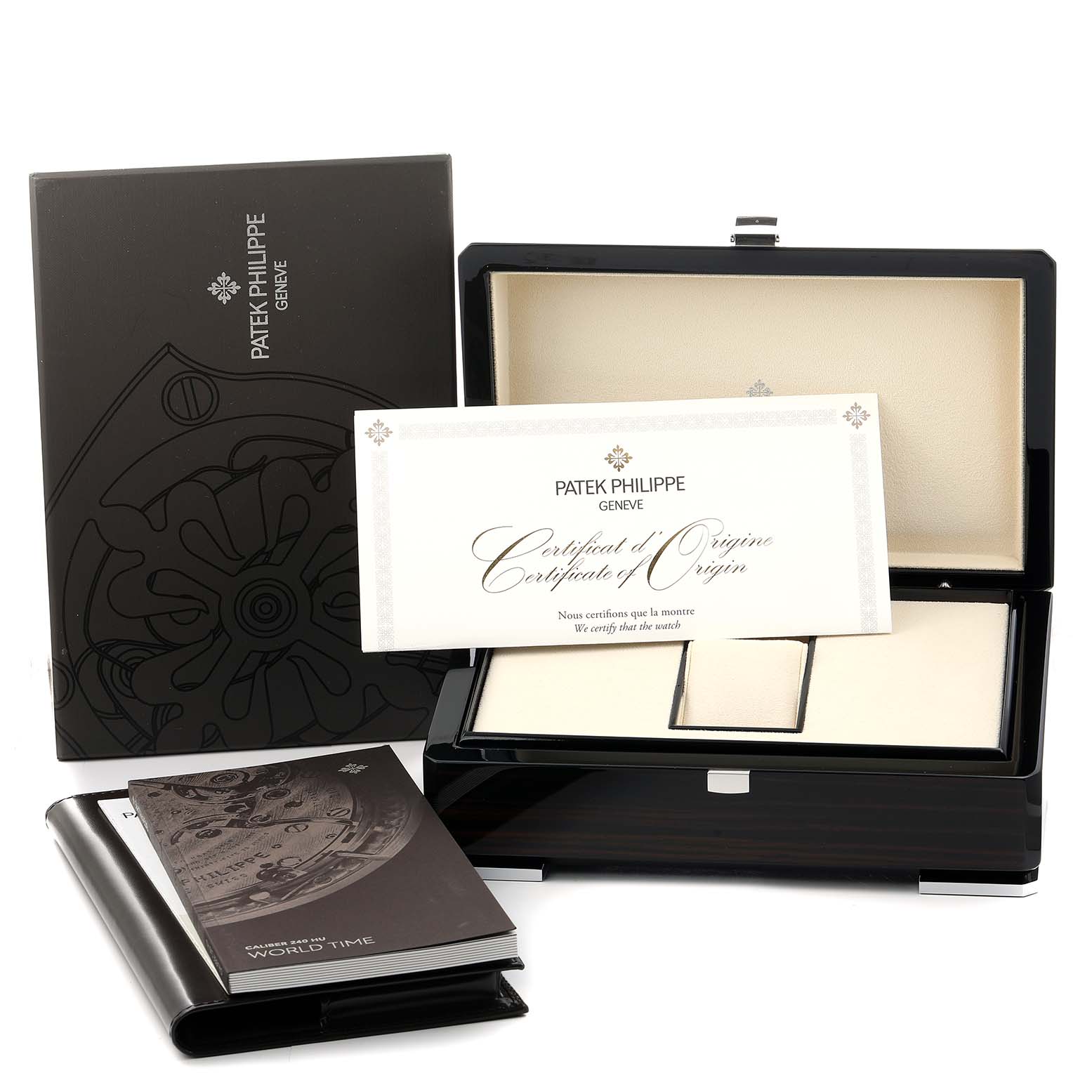 The image shows a Patek Philippe Complications 5230P-001 Men's Platinum Blue Dial box set with certificate, open box, and instruction booklet.