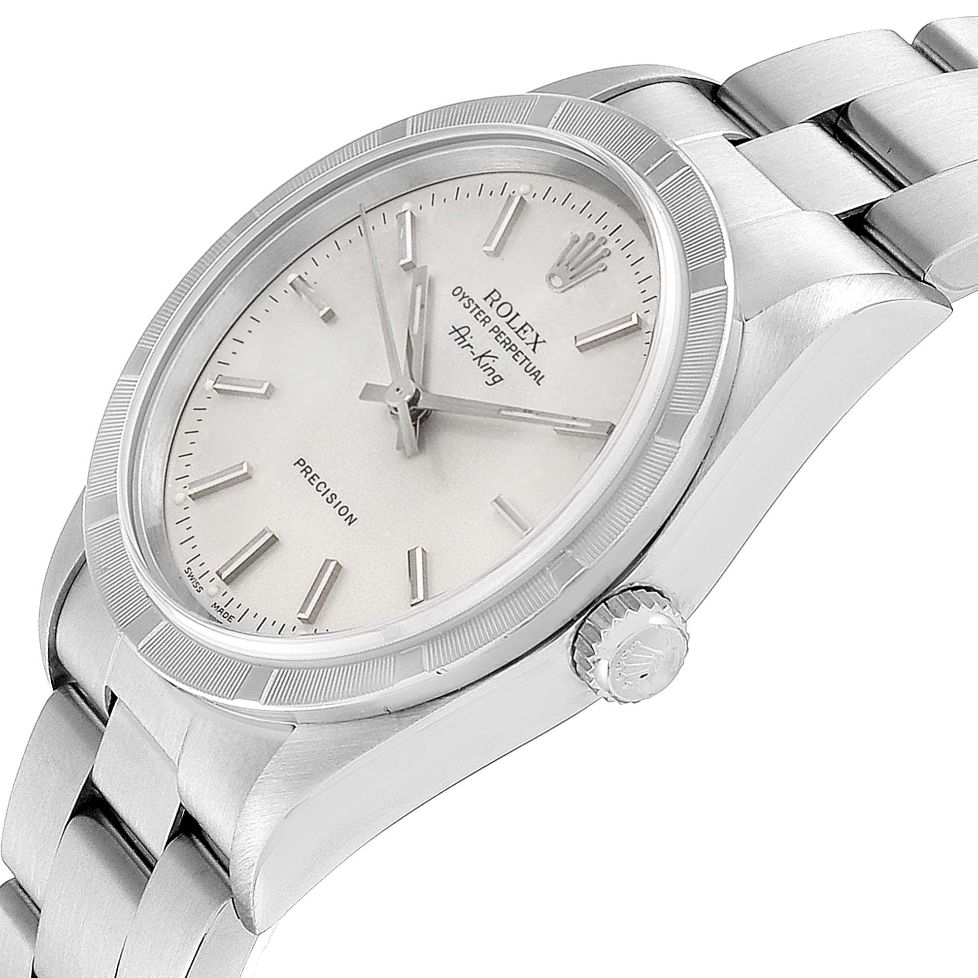 This image shows a close-up angle of the Rolex Air-King 14010 Men's Stainless Steel Silver Dial 14010 Men's Stainless Steel Silver Dial watch, highlighting the dial, bezel, crown, and bracelet.