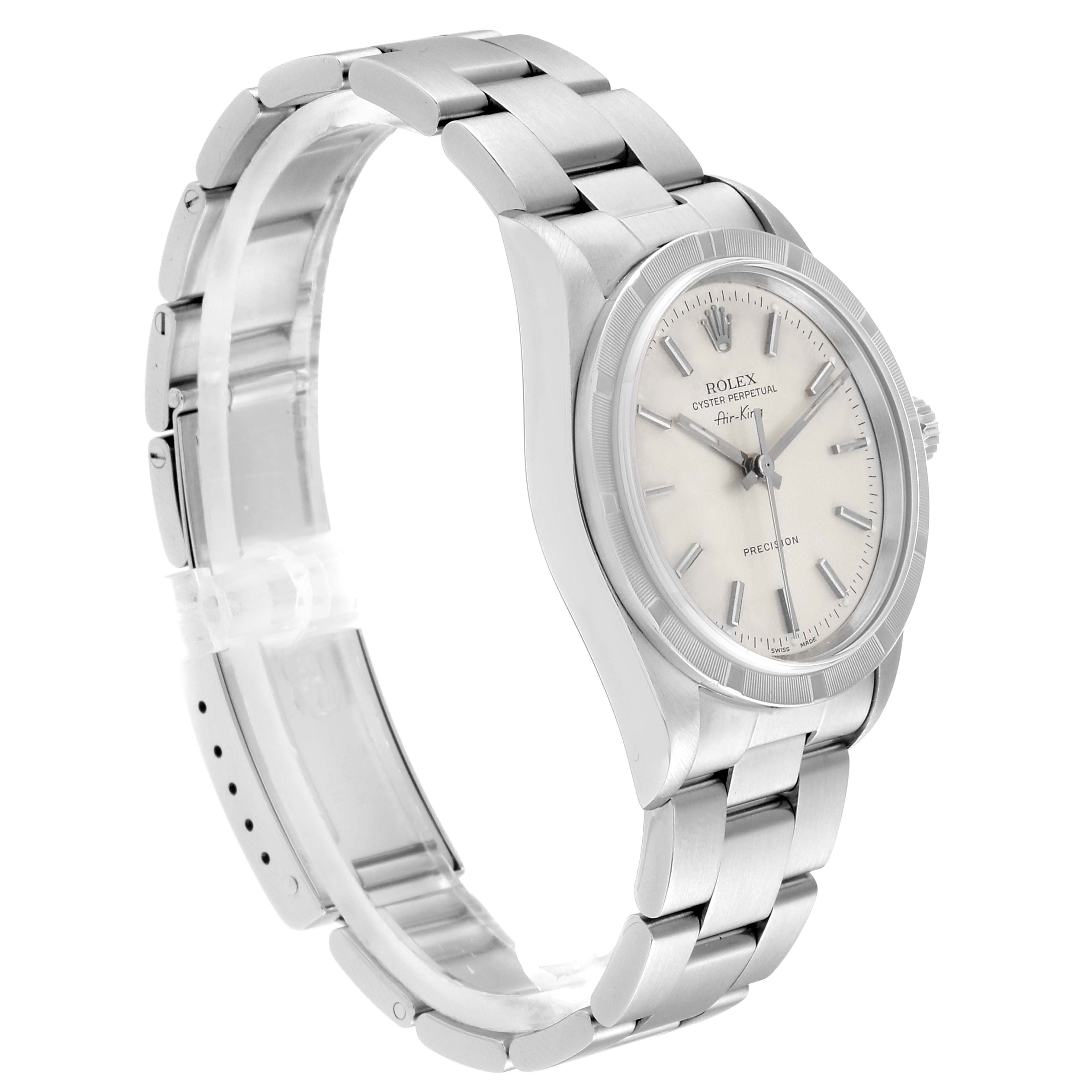 The image shows a Rolex Air-King 14010 Men's Stainless Steel Silver Dial 14010 Men's Stainless Steel Silver Dial watch at a slight side angle, highlighting its face, bezel, and bracelet.