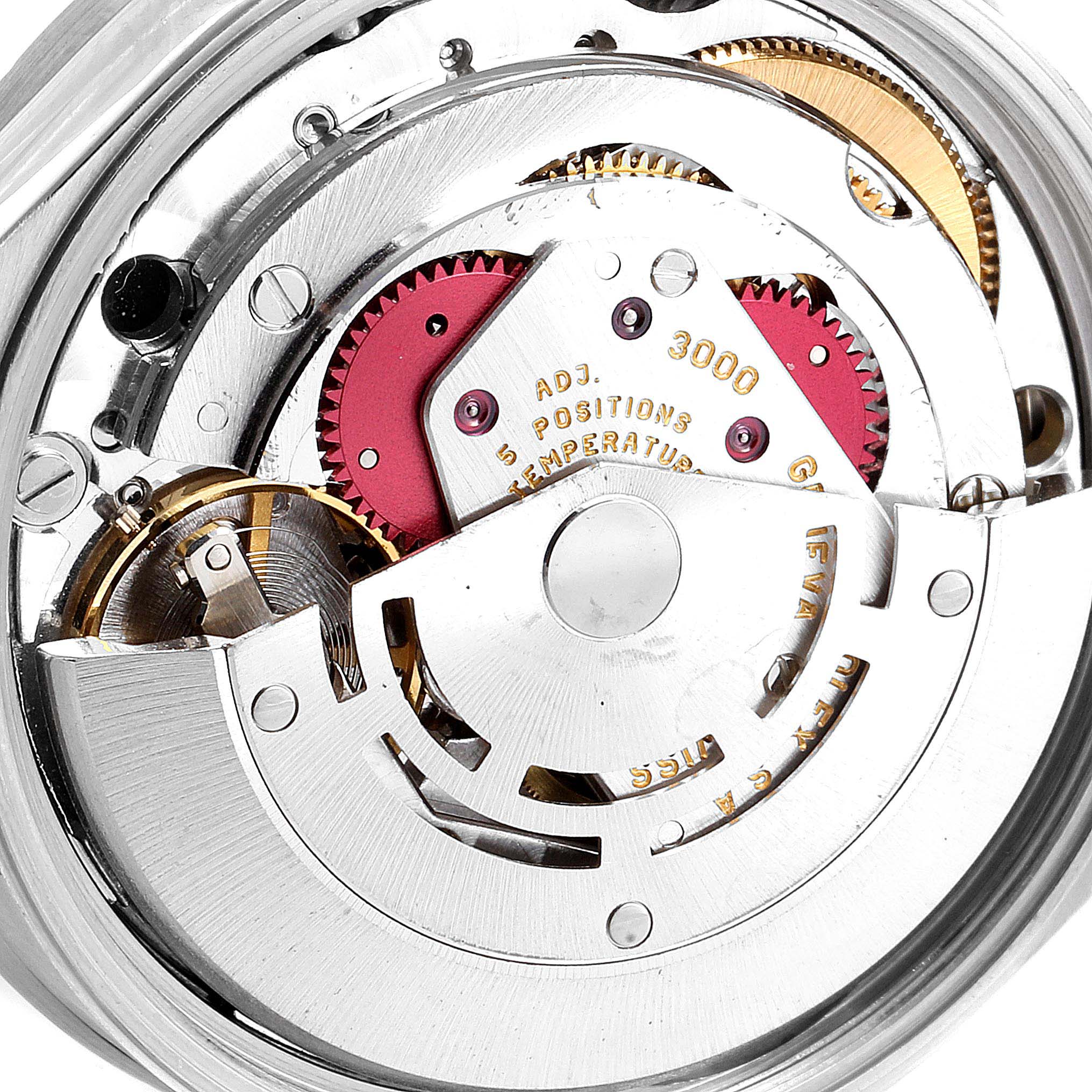 The image shows the open mechanical movement of a Rolex Air-King 14010 Men's Stainless Steel Silver Dial 14010 Men's Stainless Steel Silver Dial watch, highlighting gears, cogs, and adjustment features.