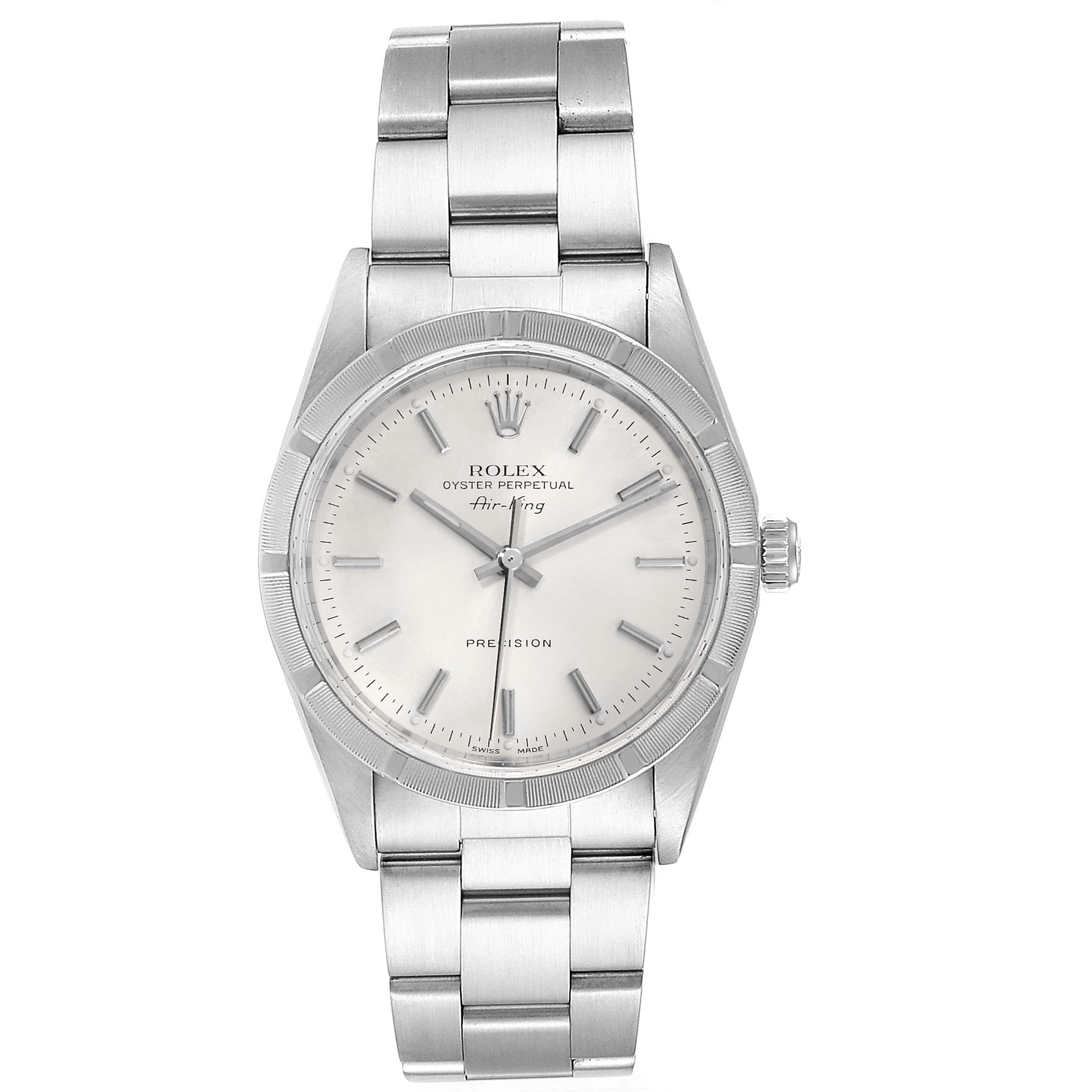 The image shows a front view of the Rolex Air-King 14010 Men's Stainless Steel Silver Dial 14010 Men's Stainless Steel Silver Dial watch, displaying the face, hands, crown, and bracelet.